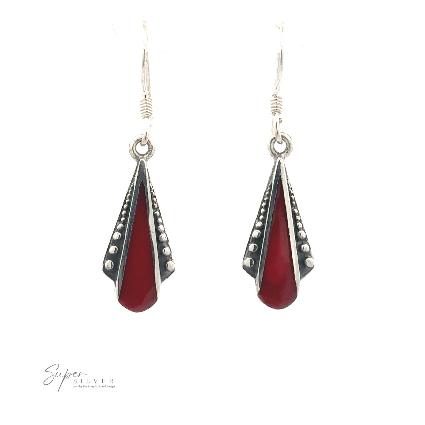
                  
                    A pair of Inlaid Teardrop Shaped Bali Inspired Earrings with red gemstone drops and sterling silver accents, featuring a cone-like design and hooked clasps, displayed on a white background.
                  
                