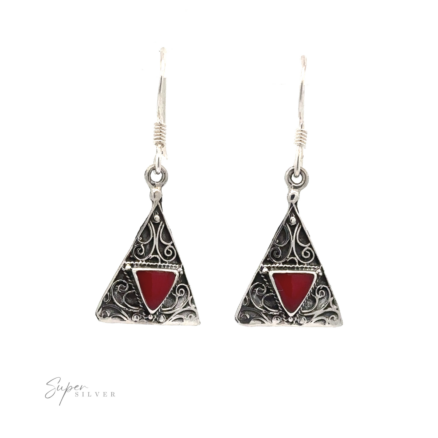 
                  
                    A pair of Freestyle Design Triangle Shape Inlaid Earrings with intricate swirls and red coral stone inlays, set against a white background. The text "Super Silver" is visible in the bottom left corner.
                  
                