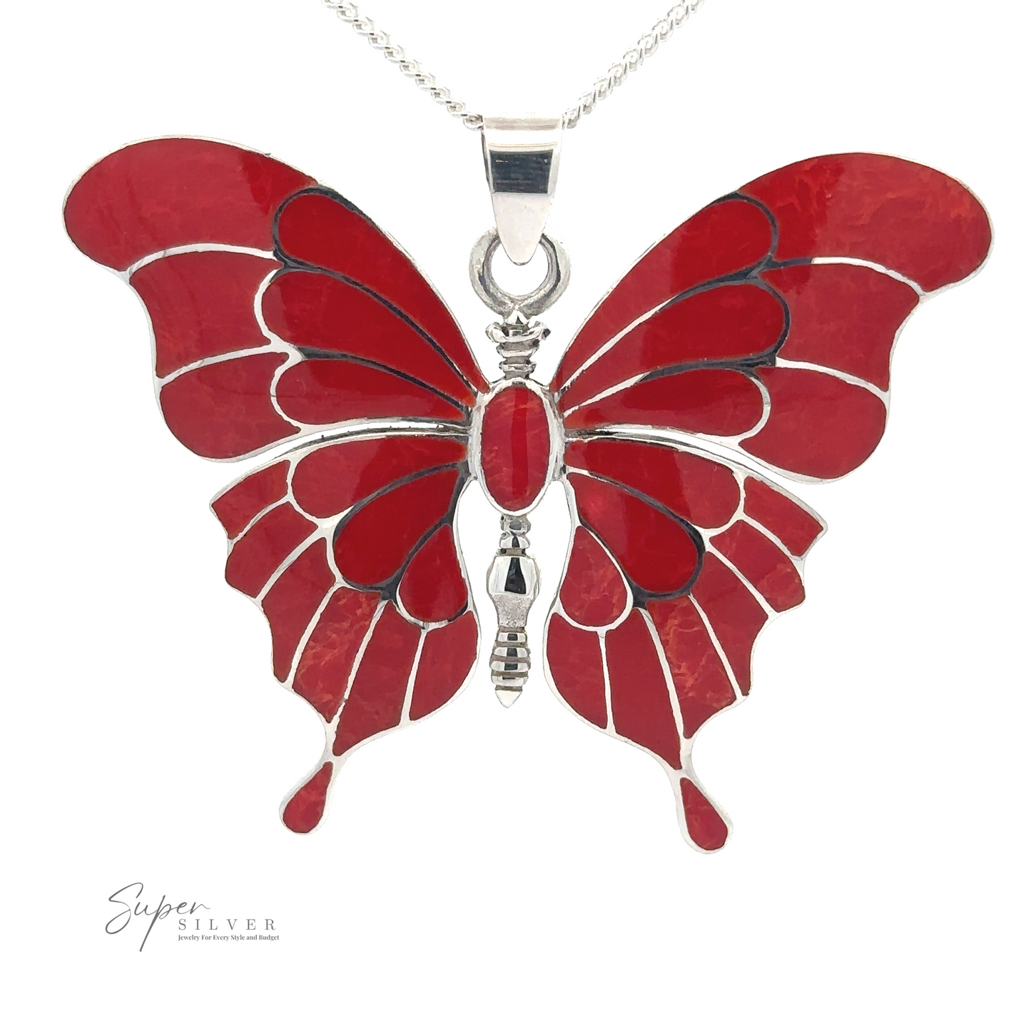 A stunning statement necklace, this piece features a butterfly-shaped pendant with intricate red wings and design elements. Crafted from high-quality materials, it proudly bears the name "Stunning Inlay Butterfly Pendant" near the bottom left corner of the image.