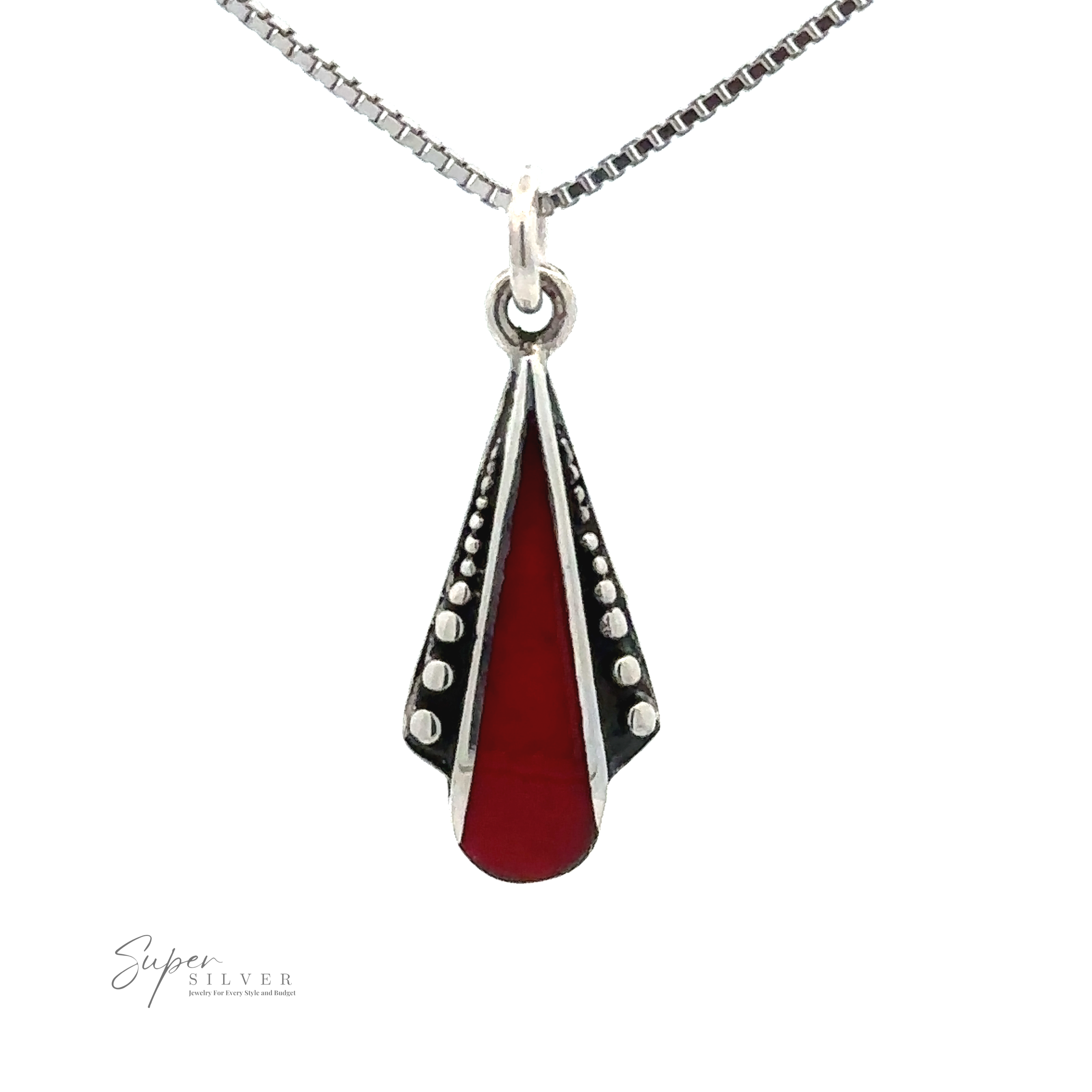 A sterling silver necklace features a Teardrop Pendant with Inlaid Stones and Ball Border. The thin chain links evenly, enhancing the modern and sleek design of the inlaid stones.