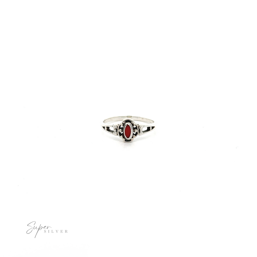 
                  
                    A sterling silver Oval Inlay Stone Ring with an oval-shaped red stone.
                  
                