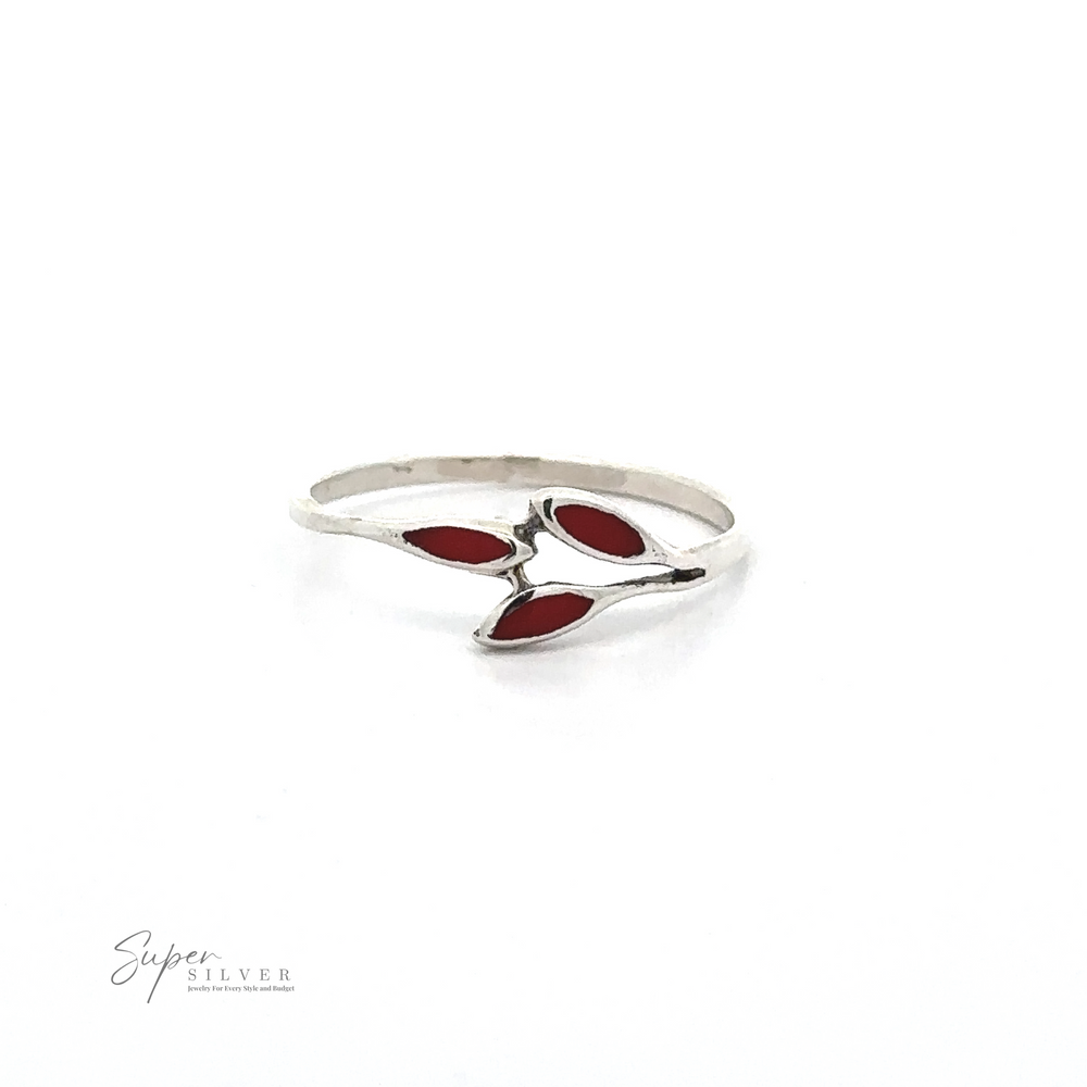 
                  
                    A Tiny Leaves Ring with Inlaid Stones with three marquise-shaped red stones arranged in a floral pattern. "Silver Super" logo in the bottom left corner.
                  
                