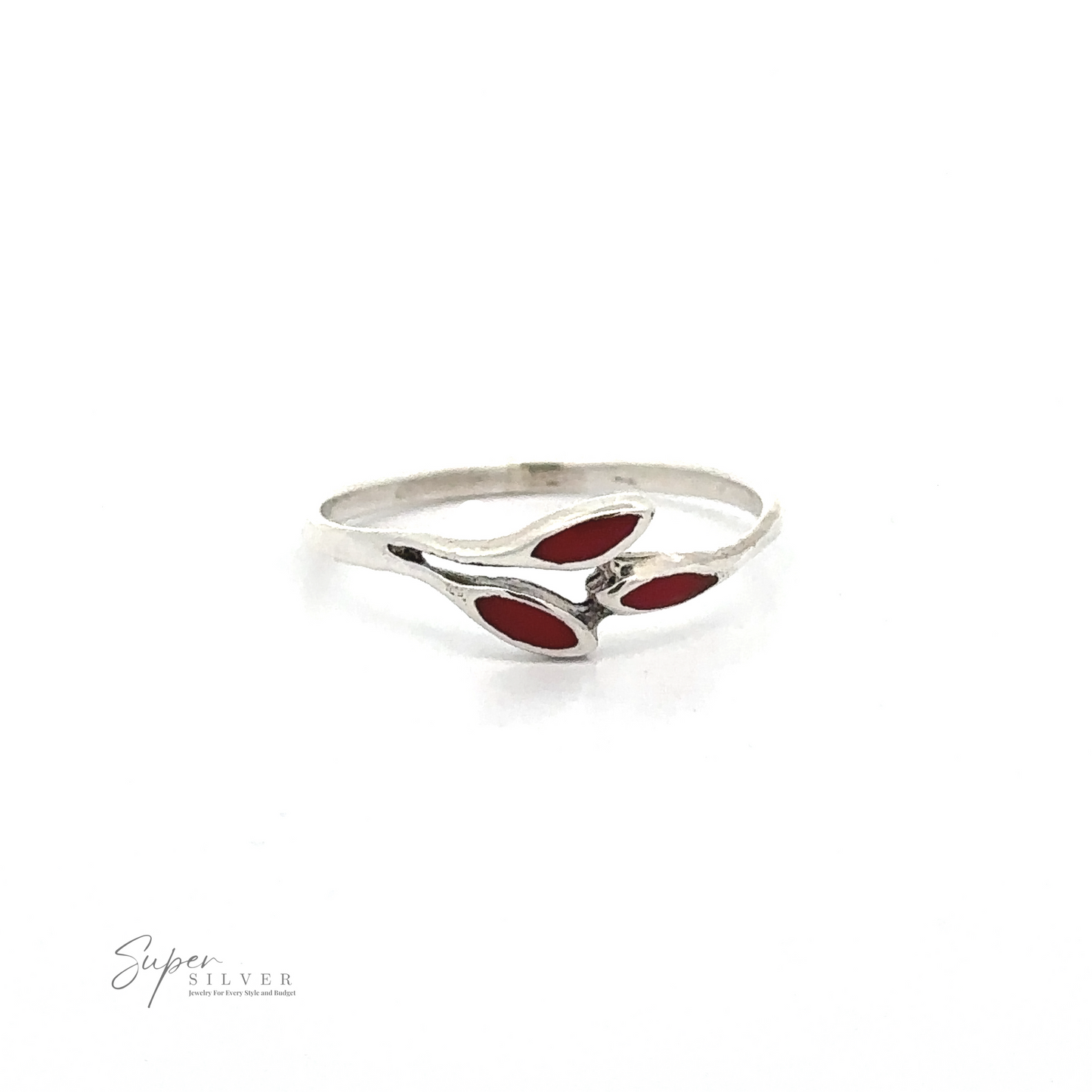 
                  
                    A delicate Tiny Leaves Ring with Inlaid Stones in sterling silver featuring three small, red leaf-like accents. The background is white with the "Super Silver" logo in the lower left corner.
                  
                