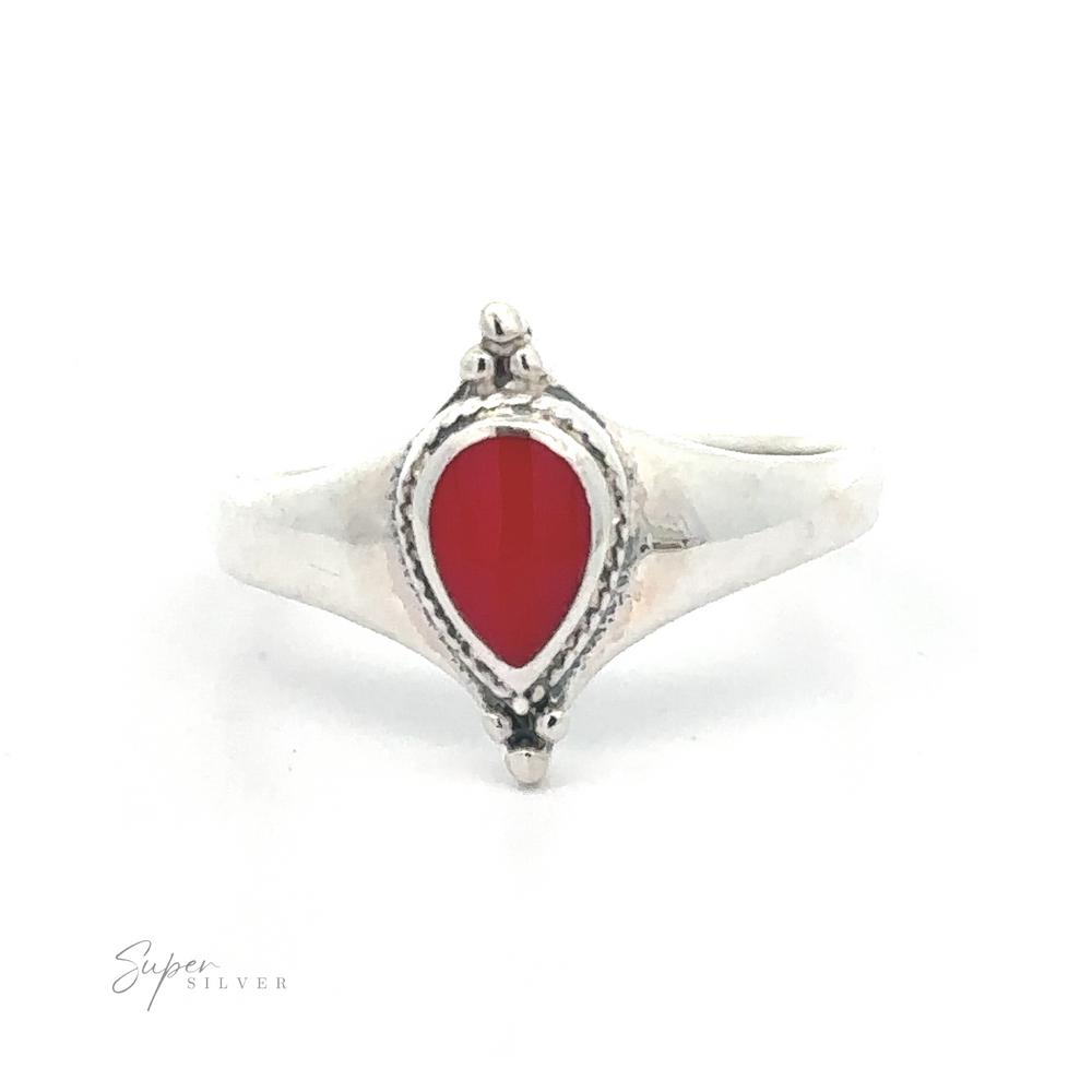 
                  
                    Teardrop Inlay Shield Ring with a red gemstone centered on a white background.
                  
                