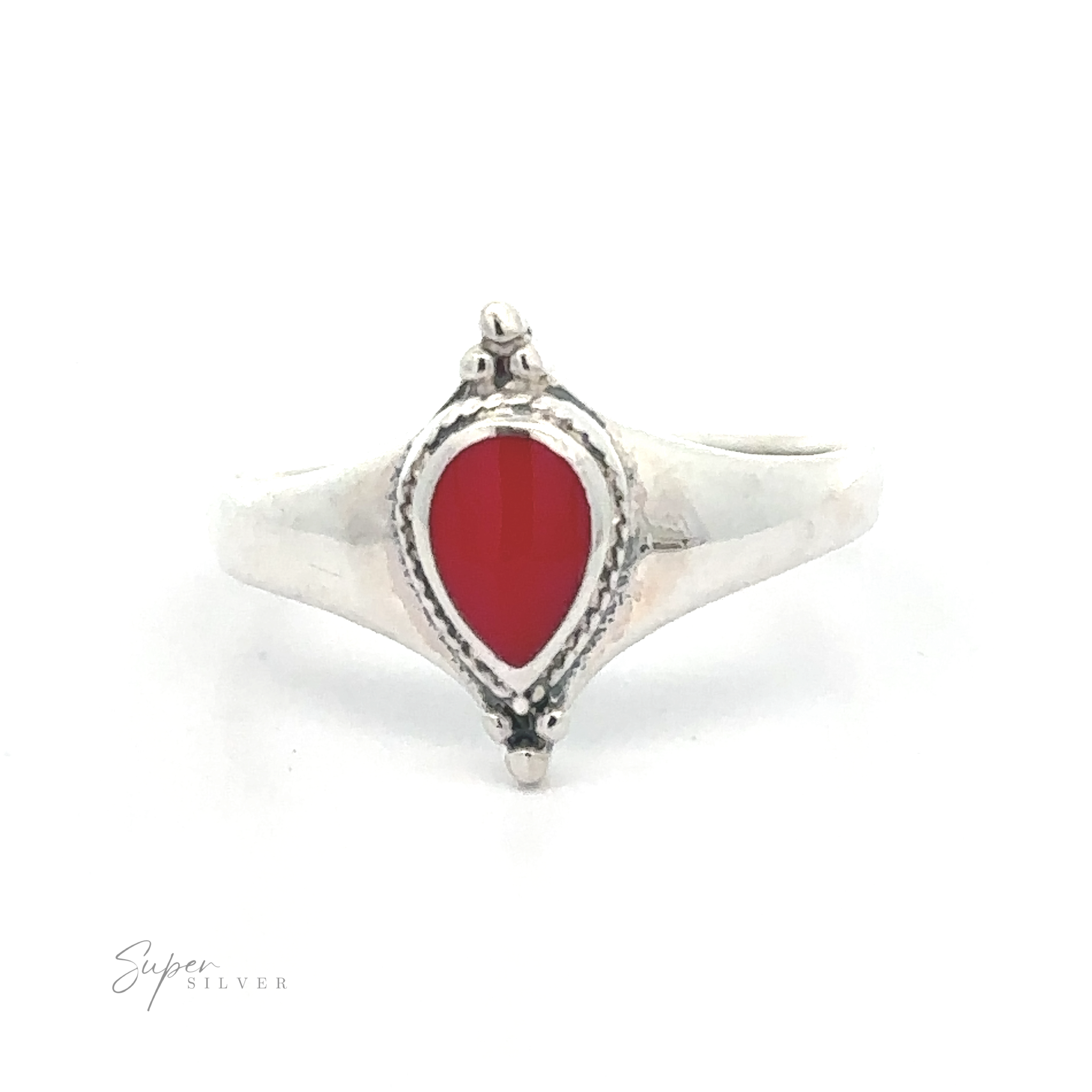 Teardrop Inlay Shield Ring with a red gemstone centered on a white background.