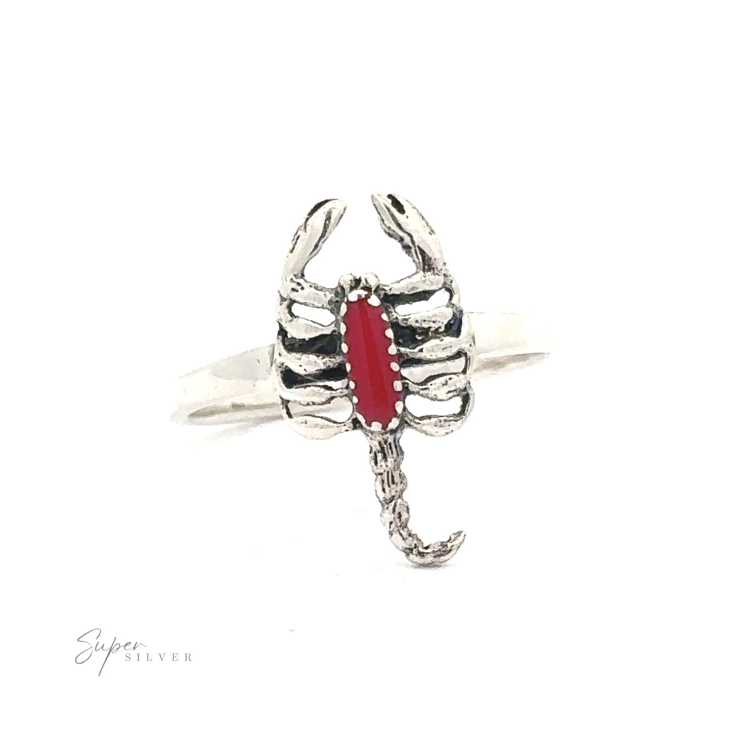 
                  
                    .925 Sterling Silver ring with a Small Scorpion Ring with Inlaid Stone design featuring a red accent.
                  
                