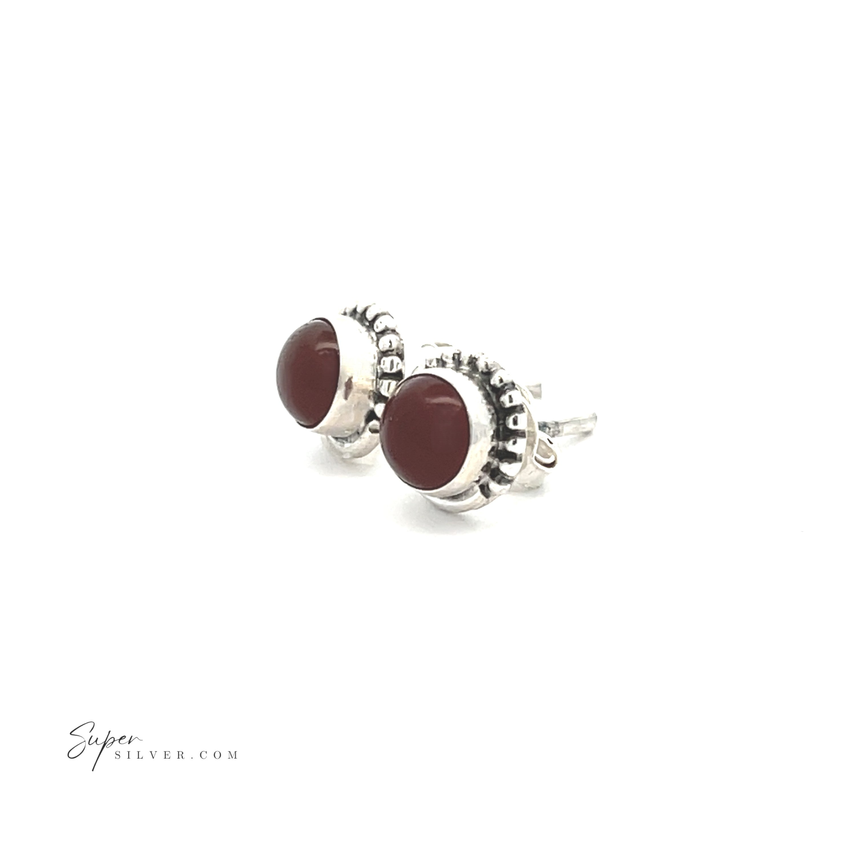 The 5mm Gemstone Studs With Half Bead Design feature round, dark red stones set in sterling silver bezels on a white background—perfect for those who love elegant gemstone stud earrings.