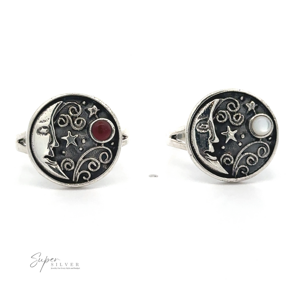 Two .925 Sterling Silver rings with celestial designs featuring the moon, stars, and swirls. One ring has a red gem, and the other has a white gem. The logo "Super Silver" is in the bottom left corner, adding a touch of Bohemian charm to these Circular Vintage Style Moon Ring With Inlaid Stone.