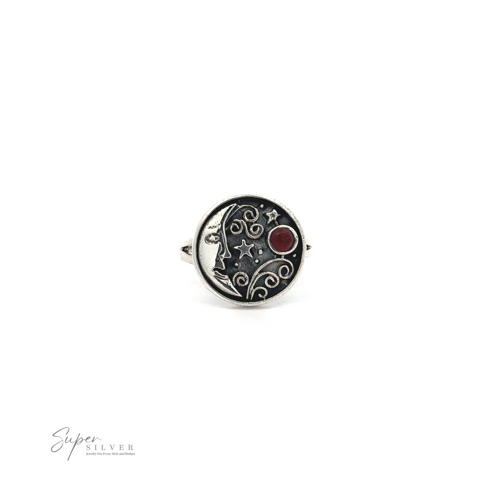 
                  
                    A round silver ring with celestial motifs of the moon, stars, and a red gem, placed against a white background. "Super Silver" branding is visible in the bottom left corner. This Circular Vintage Style Moon Ring With Inlaid Stone .925 Sterling Silver piece exudes Bohemian charm and timeless elegance.
                  
                