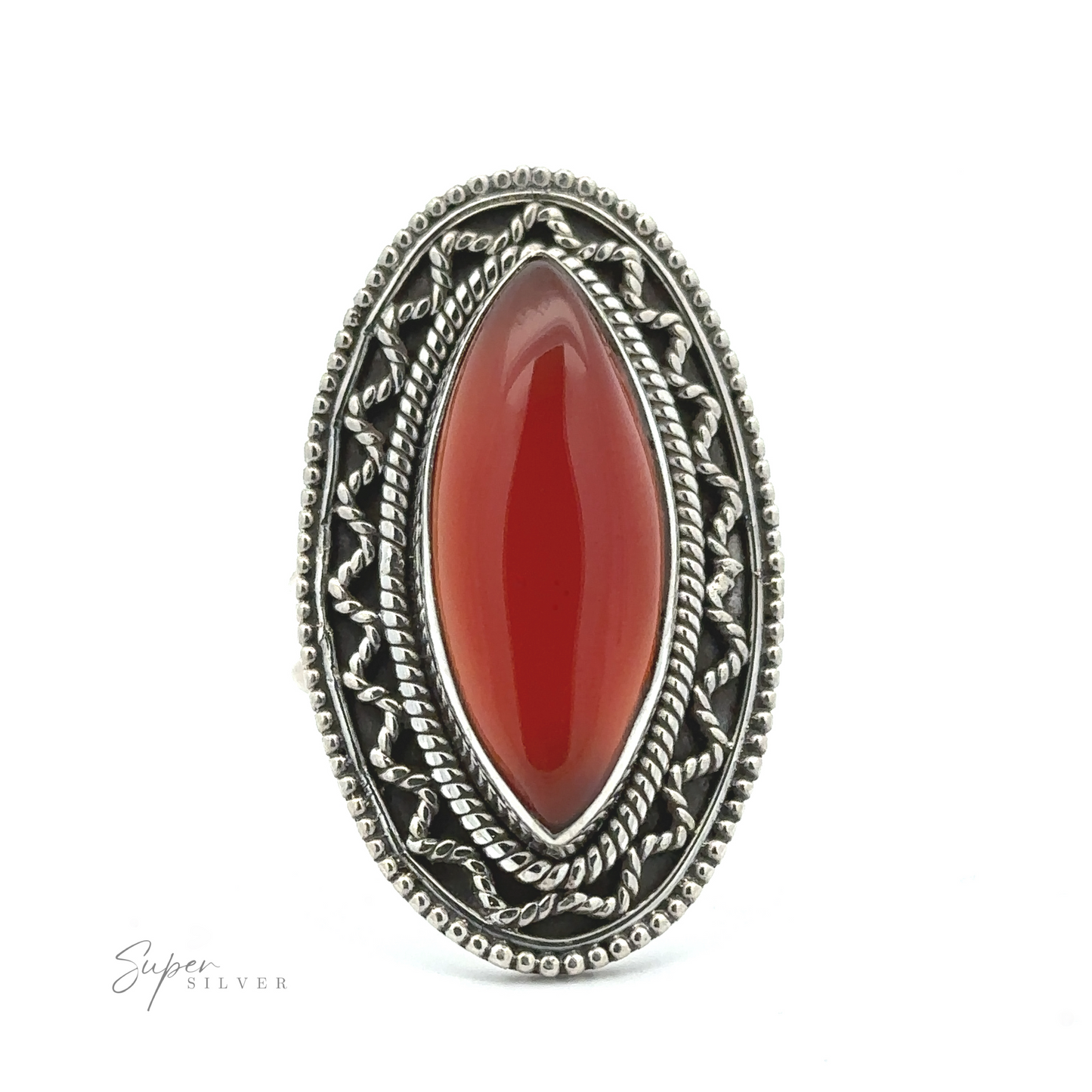 
                  
                    An ornate sterling silver ring with intricate designs featuring a large, polished red gemstone in the center. Marked "Marquise Shaped Gemstone Ring With Vintage Shield Border," this piece has a Bohemian twist that enhances its unique charm.
                  
                