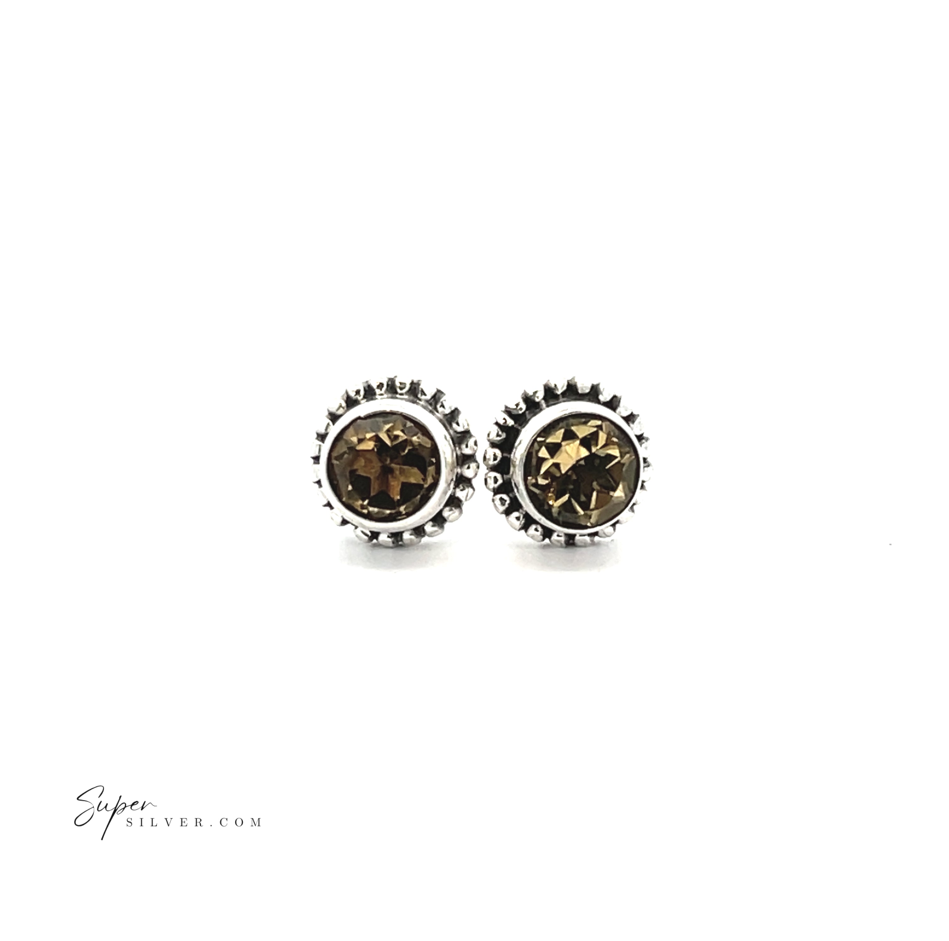 Beaded Round Faceted Gemstone Studs: round sterling silver earrings with brown faceted gemstones in decorative bezels, shown on a white background. "Supersilver.com" appears in the bottom left corner.
