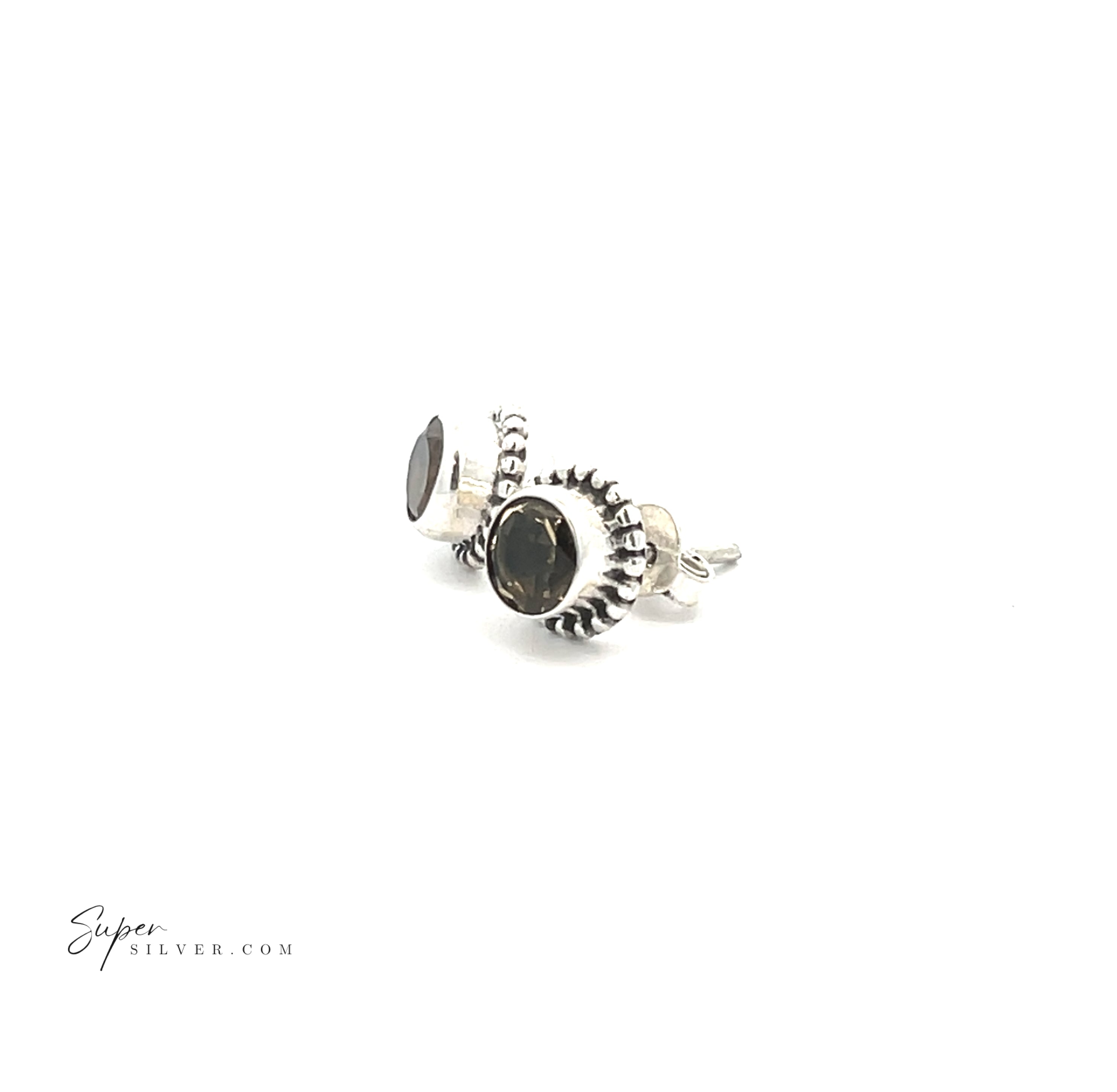 Beaded Round Faceted Gemstone Studs in sterling silver feature round dark gemstones and decorative detailing, shown on a white background with "SuperSilver.com" visible in the lower left corner.