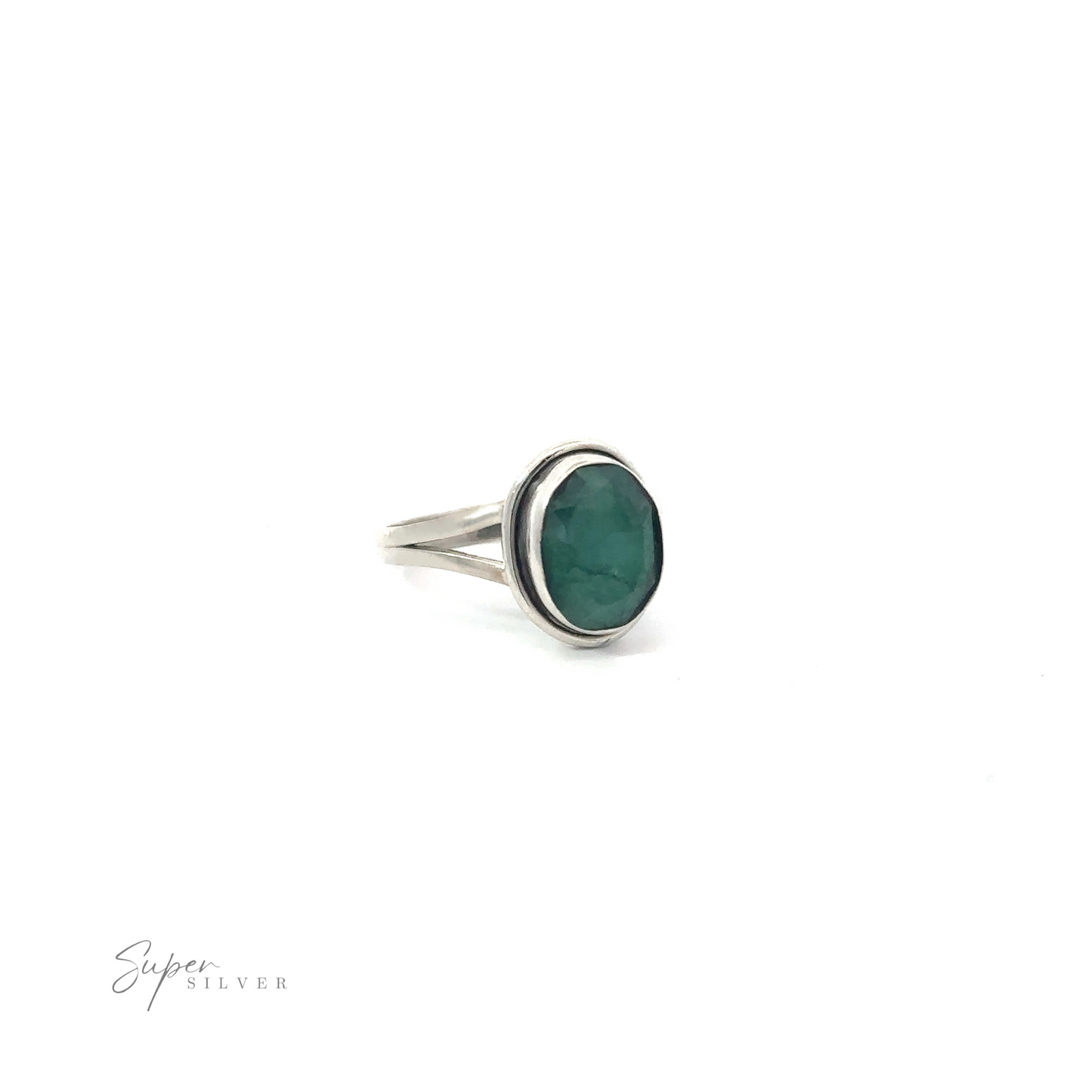 
                  
                    Oval Split Shank Stone Ring with an emerald moonstone on a white background.
                  
                