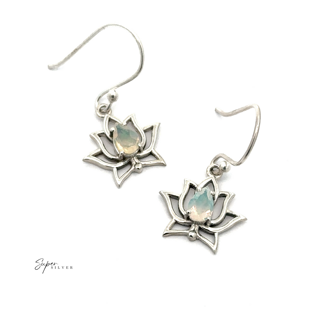 Ethiopian Opal Lotus Earrings elegantly designed, featuring sterling silver craftsmanship and adorned with teardrop opal gemstones for a timeless elegance.