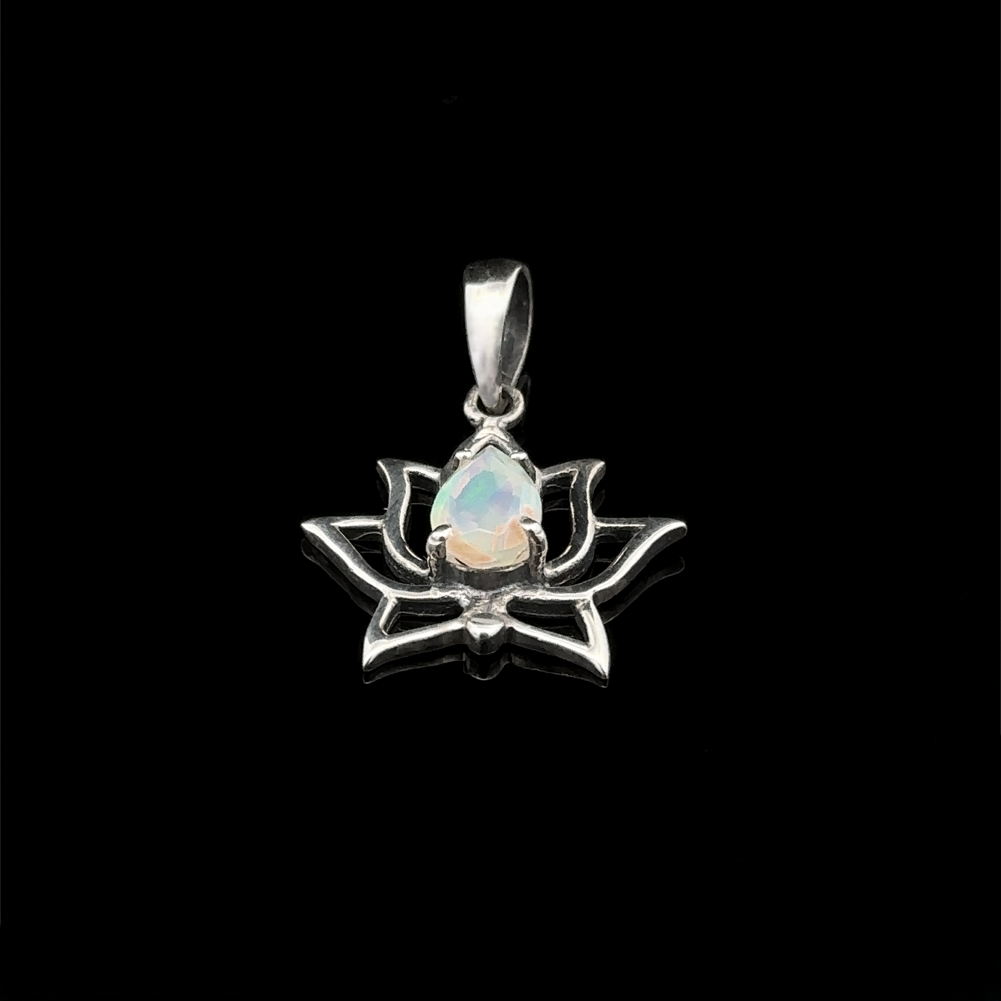 
                  
                    Ethiopian Opal Lotus Pendant featuring a sterling silver lotus flower with a pear-shaped Ethiopian opal stone set against a black background.
                  
                