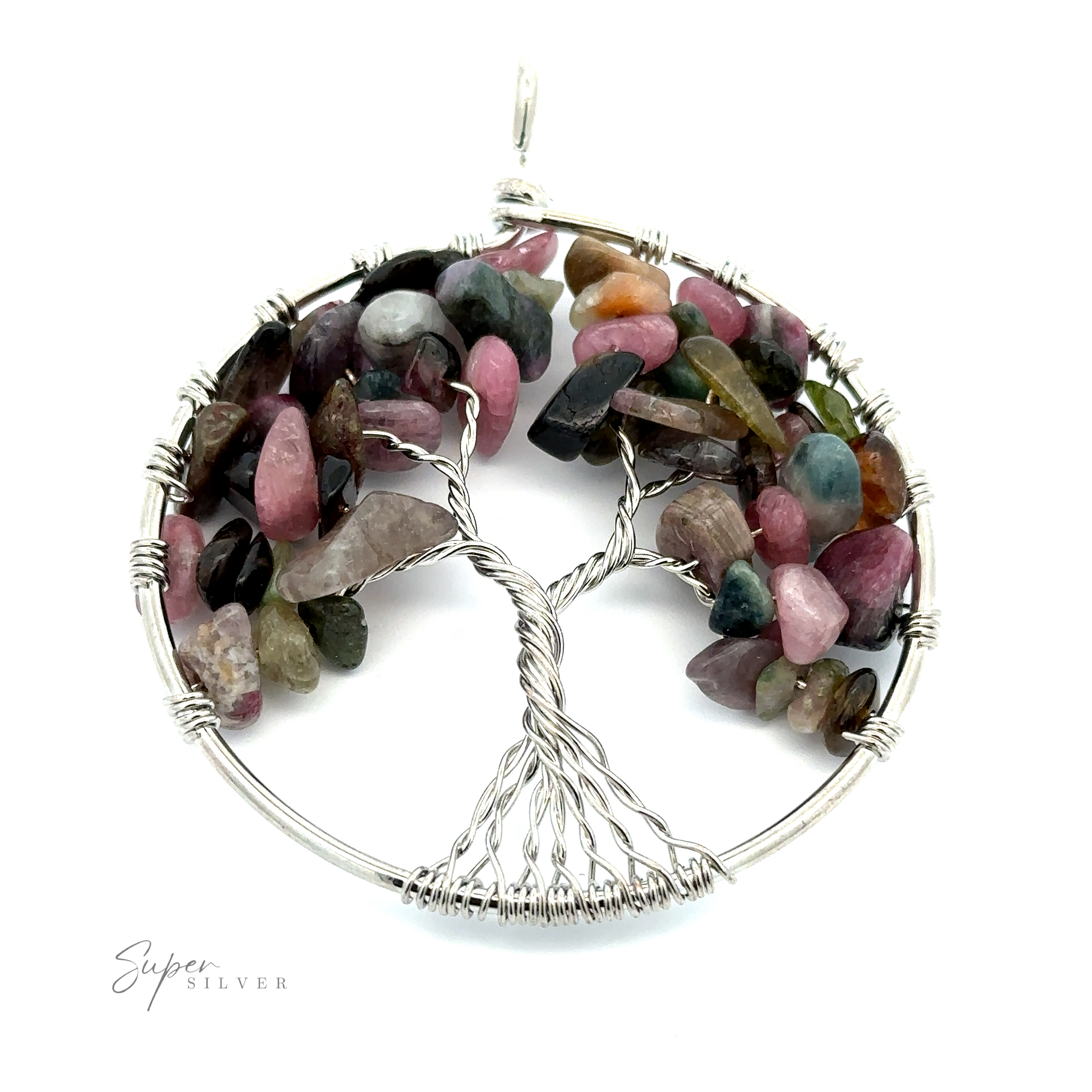 A Wire Wrapped Tree of Life Pendant featuring a wire-wrapped design with multicolored gemstone chips for leaves against a white background. Crafted in mixed metals, the piece includes a loop for attaching to a chain.