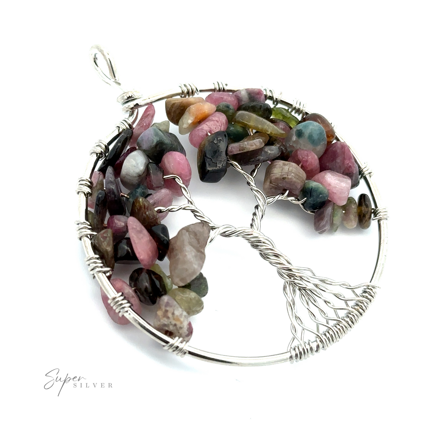 
                  
                    A Wire Wrapped Tree of Life Pendant featuring a silver wire frame and multicolored gemstone chips forming the leaves. The word "Super Silver" is visible on the lower left of the image, highlighting its mixed metals craftsmanship.
                  
                