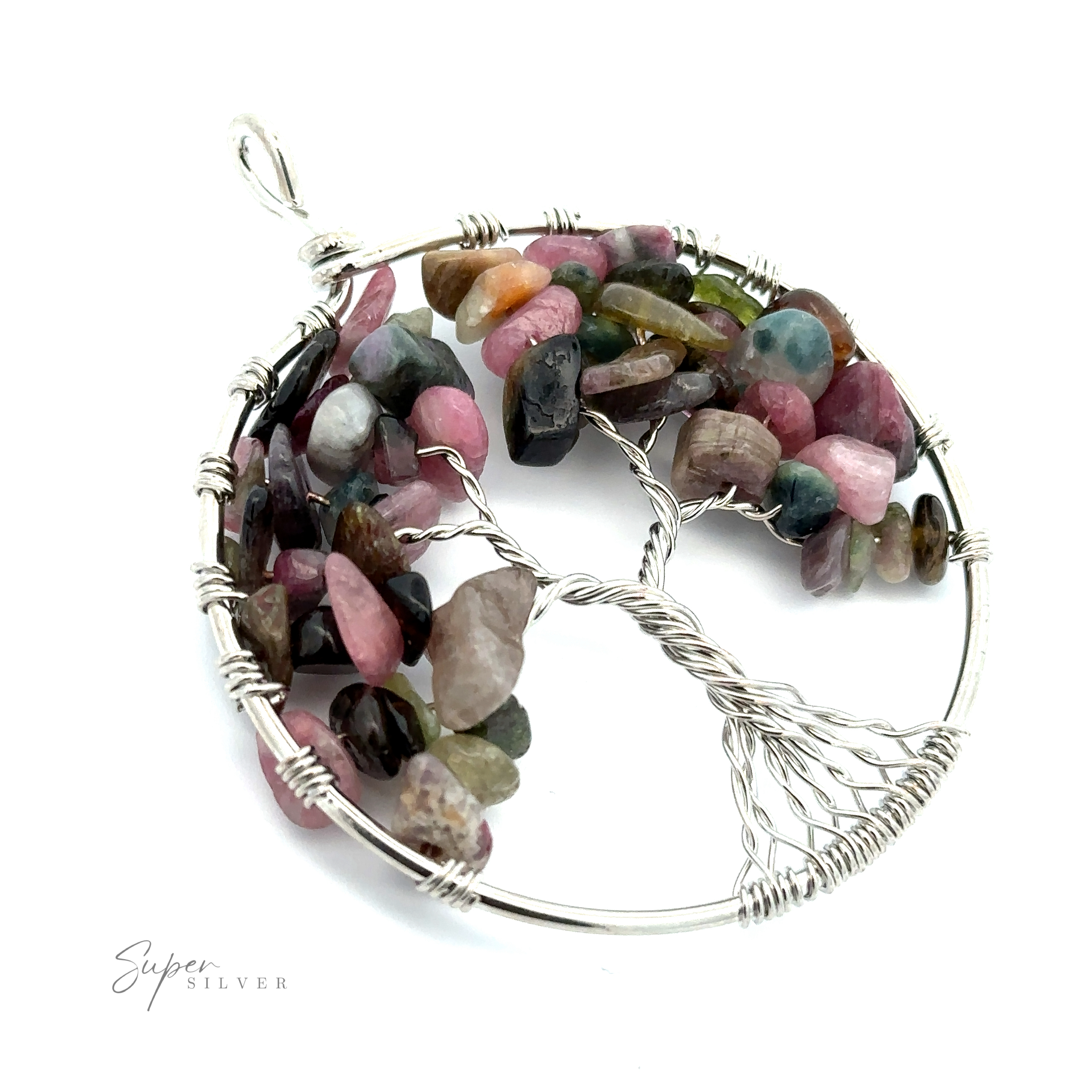 A Wire Wrapped Tree of Life Pendant featuring a silver wire frame and multicolored gemstone chips forming the leaves. The word "Super Silver" is visible on the lower left of the image, highlighting its mixed metals craftsmanship.