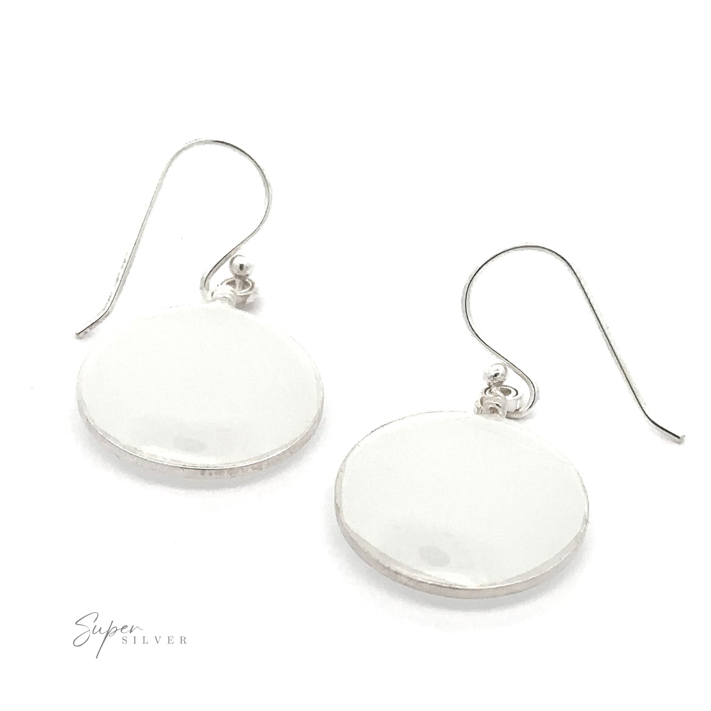 
                  
                    A pair of Round Glass Earrings with .925 Sterling Silver hooks on a white background. "Super Silver" is written in the bottom-left corner.
                  
                