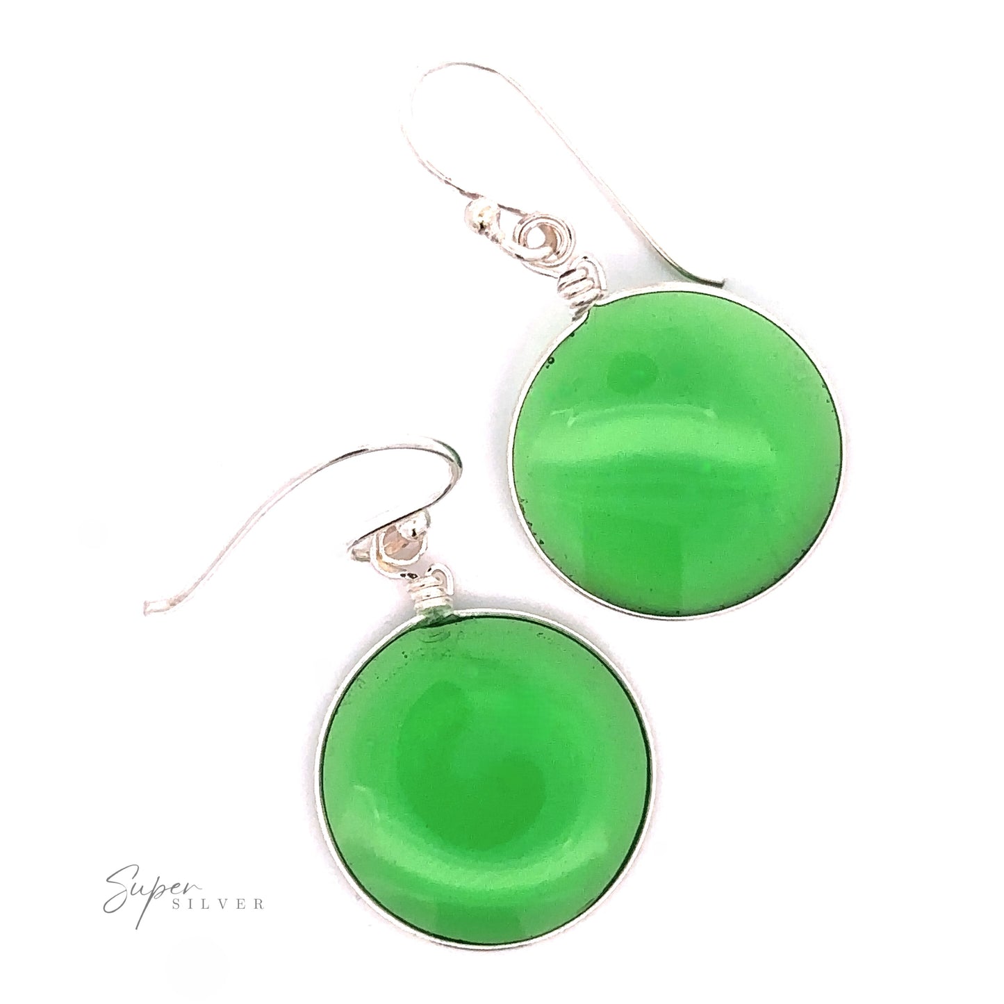 
                  
                    A pair of Round Glass Earrings with .925 Sterling Silver hooks. The earrings have a glossy finish and are labeled "Super Silver" in the corner.
                  
                