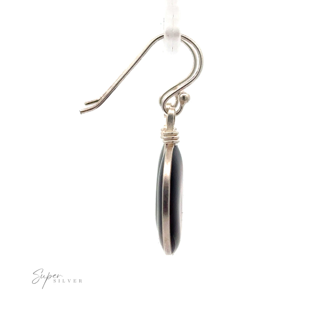 
                  
                    A silver hook earring with a round black stone hanging vertically against a white background, crafted from .925 Sterling Silver. The Round Glass Earrings are labeled with the brand "Super Silver.
                  
                