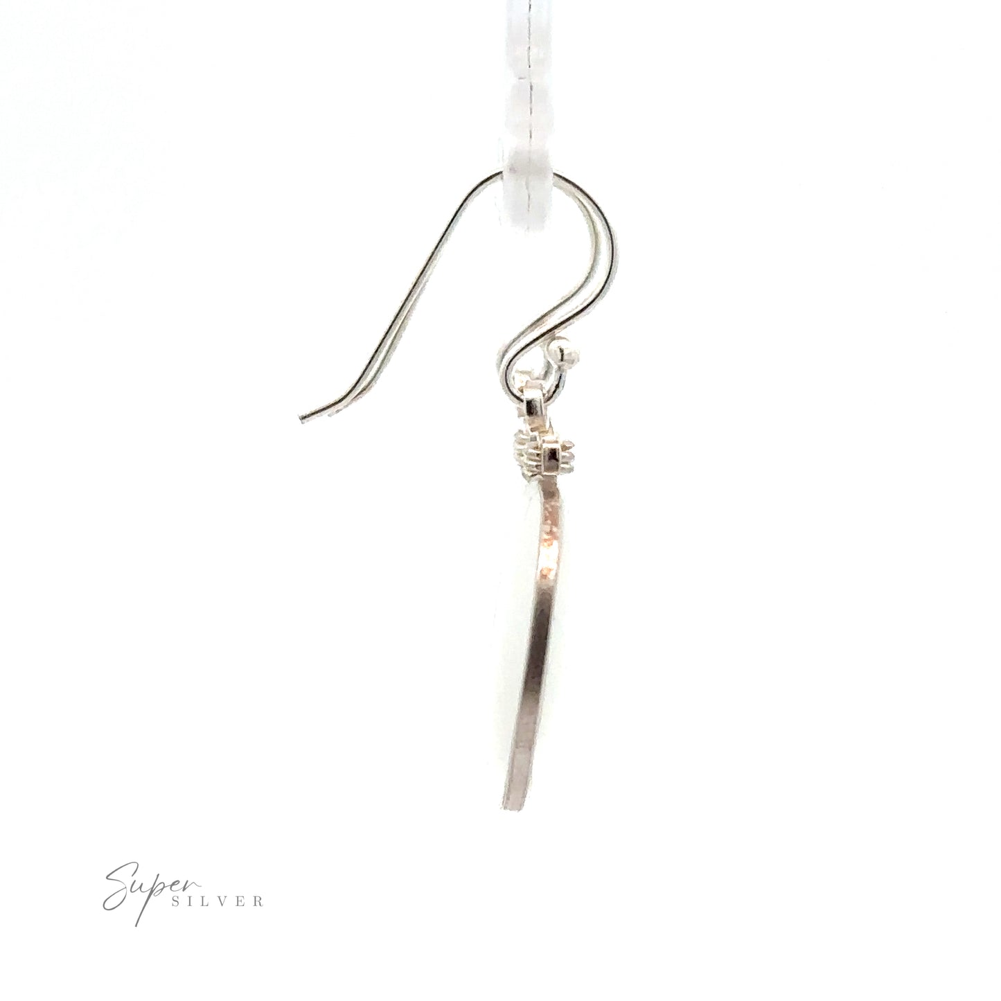 
                  
                    Side view of a single Round Glass Earring with a thin, flat disc charm suspended from a clear plastic holder. The brand name "Super Silver" is visible in small text at the bottom left corner.
                  
                