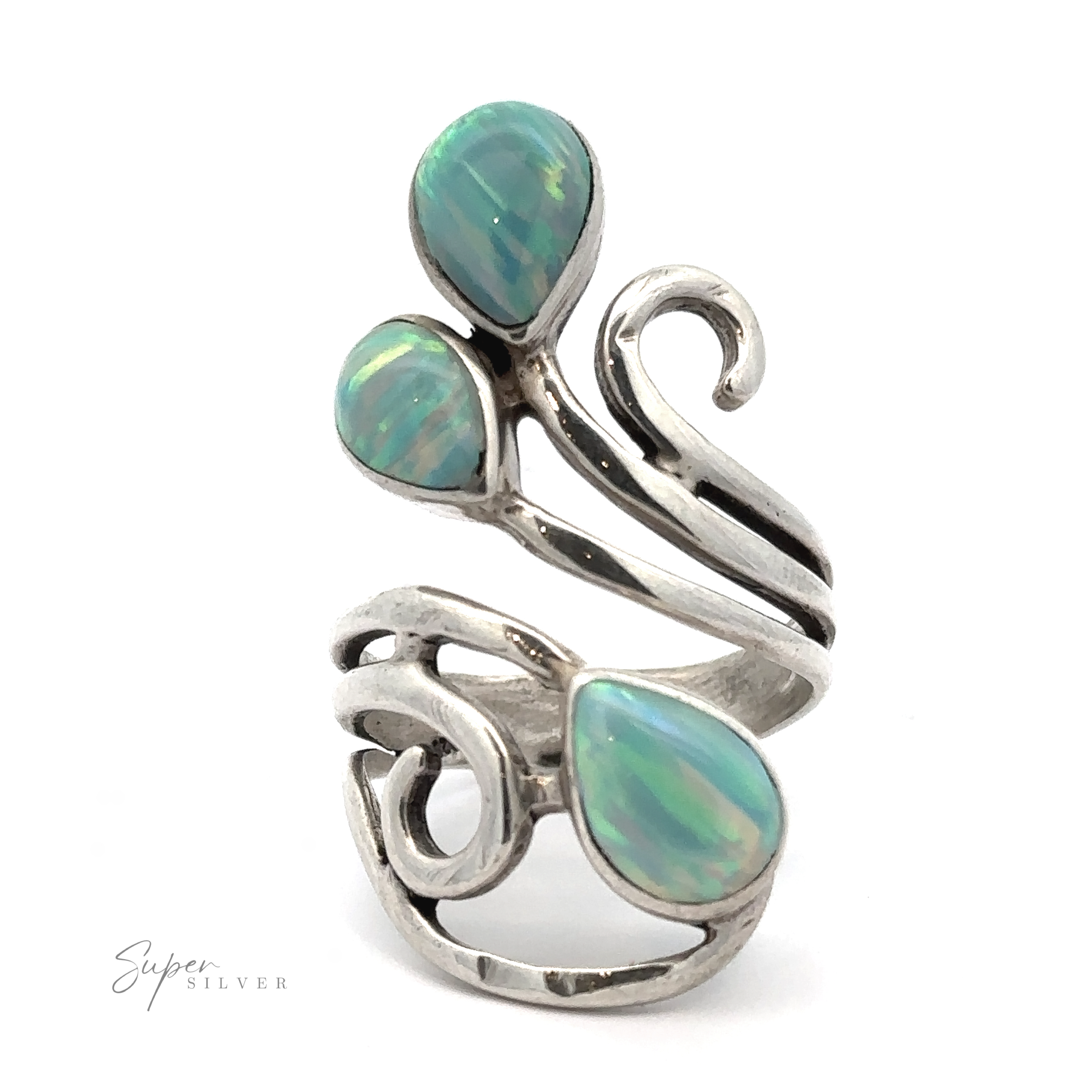 A Stunning Wrap-Around Opal Ring featuring three polished opal gemstones is shown on a white background with "Super Silver" text in the lower left corner. This handcrafted jewelry piece exudes elegance and sophistication.