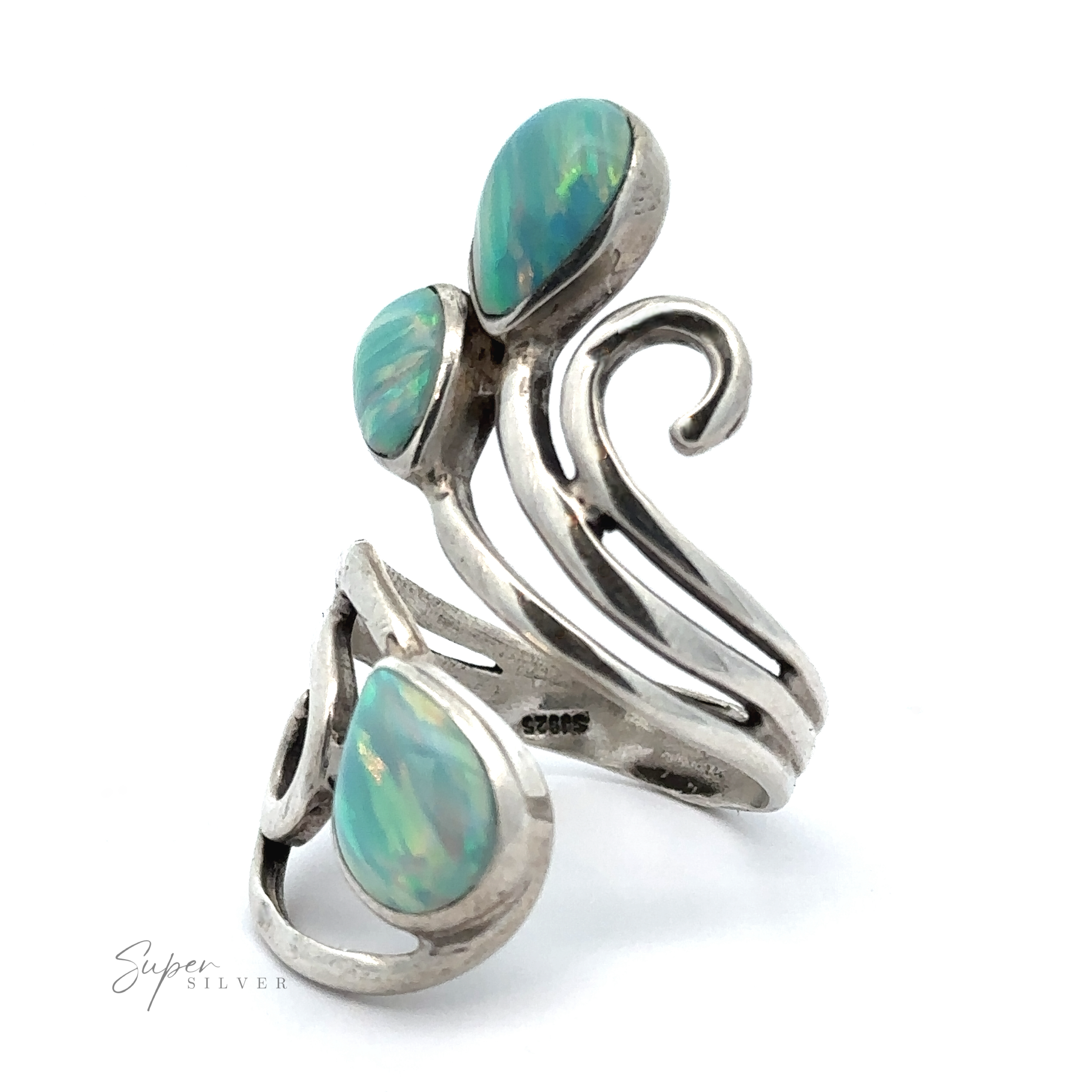 This handcrafted in America, .925 sterling silver Stunning Wrap-Around Opal Ring features three teardrop-shaped opalescent gemstones, showcasing an elegant, swirling design.