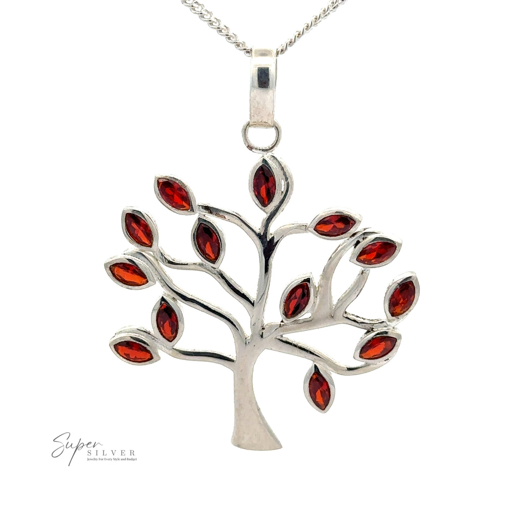 
                  
                    A Tree of Life Pendant with Stone Leaves featuring faceted stone leaves in a beautiful shade of red.
                  
                