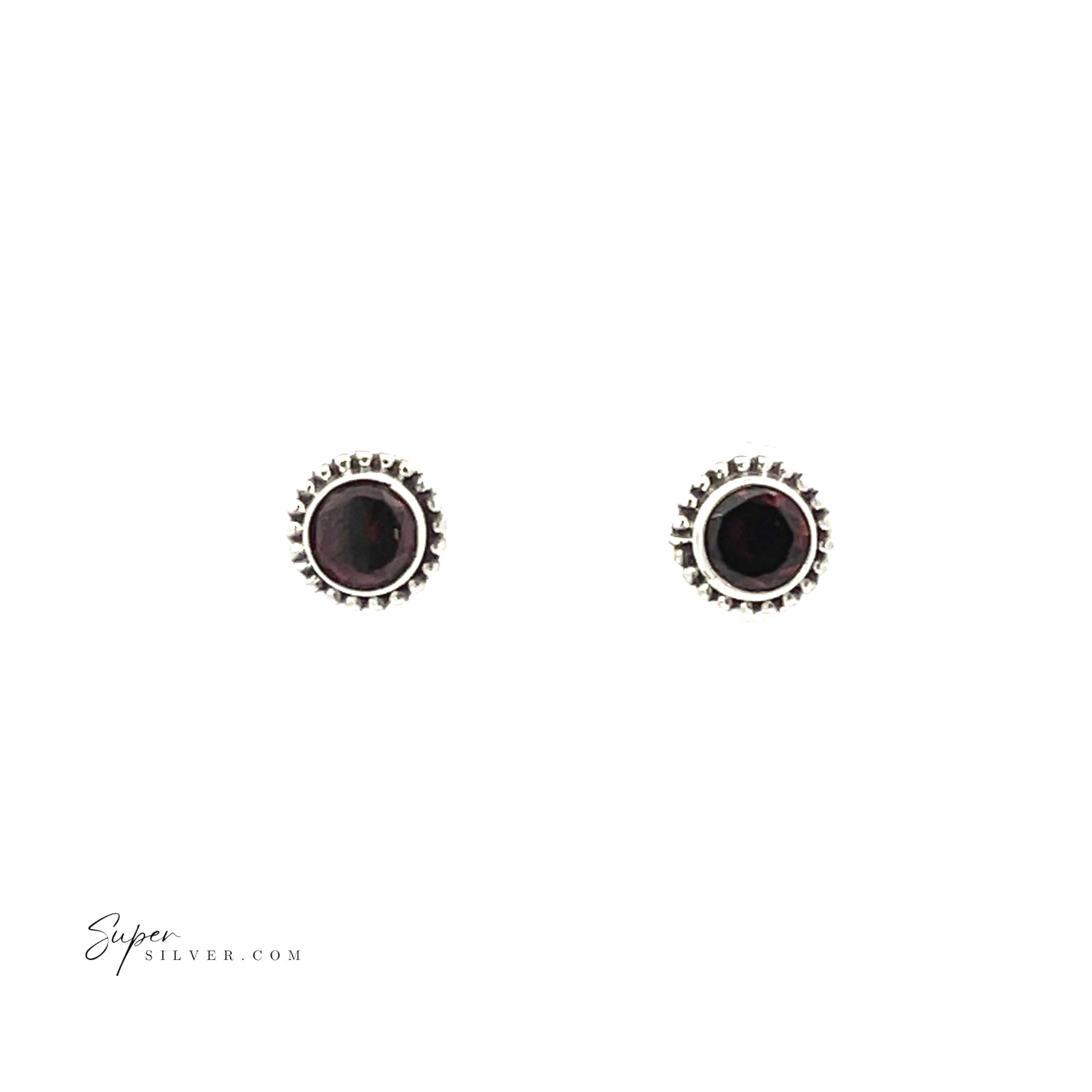 A pair of Beaded Round Faceted Gemstone Studs in sterling silver with deep red stones, shown on a white background featuring the text "SilverSilver.com" in the corner.