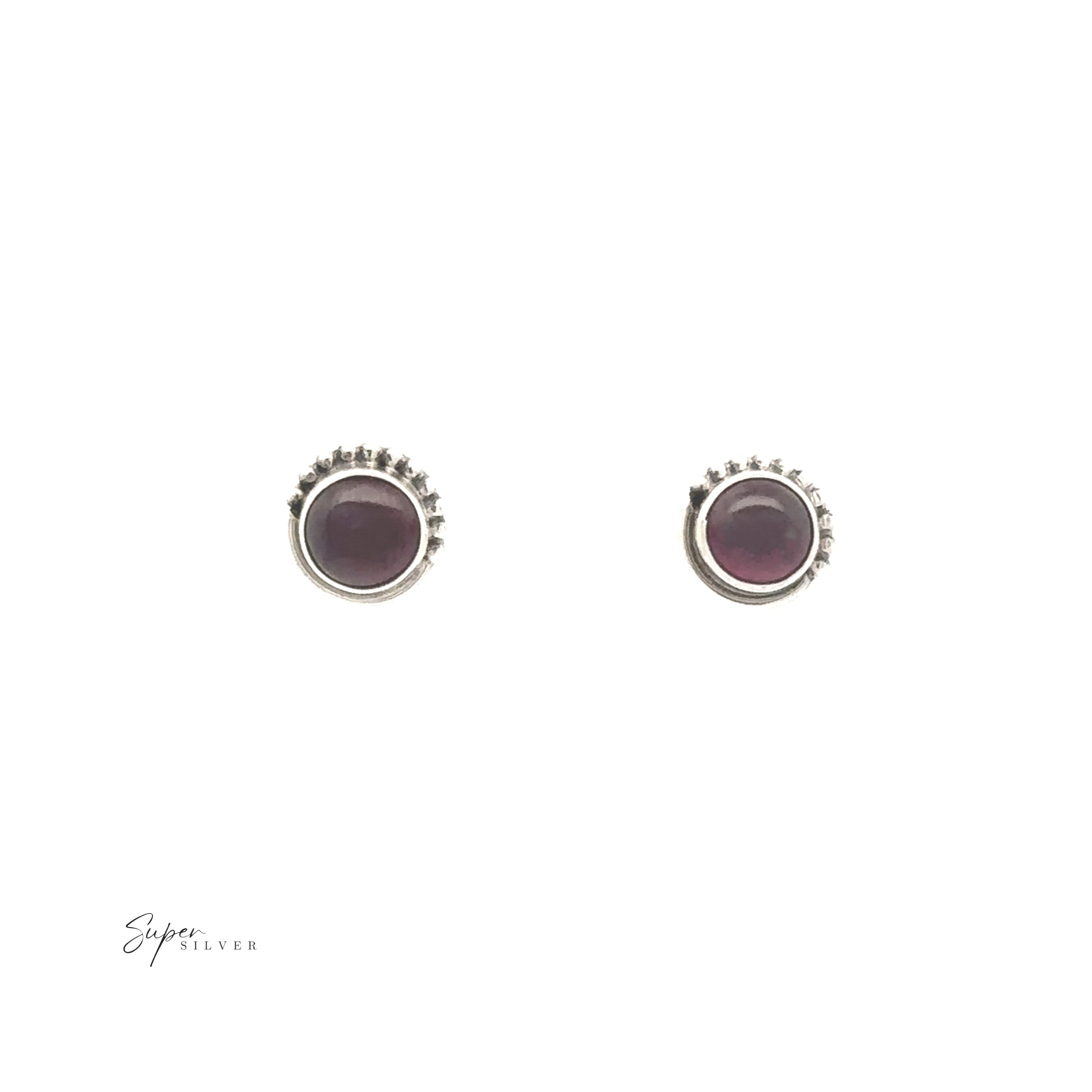 A pair of 5mm Gemstone Studs With Half Bead Design in sterling silver, featuring round purple stones and a beaded edge, displayed on a white background.
