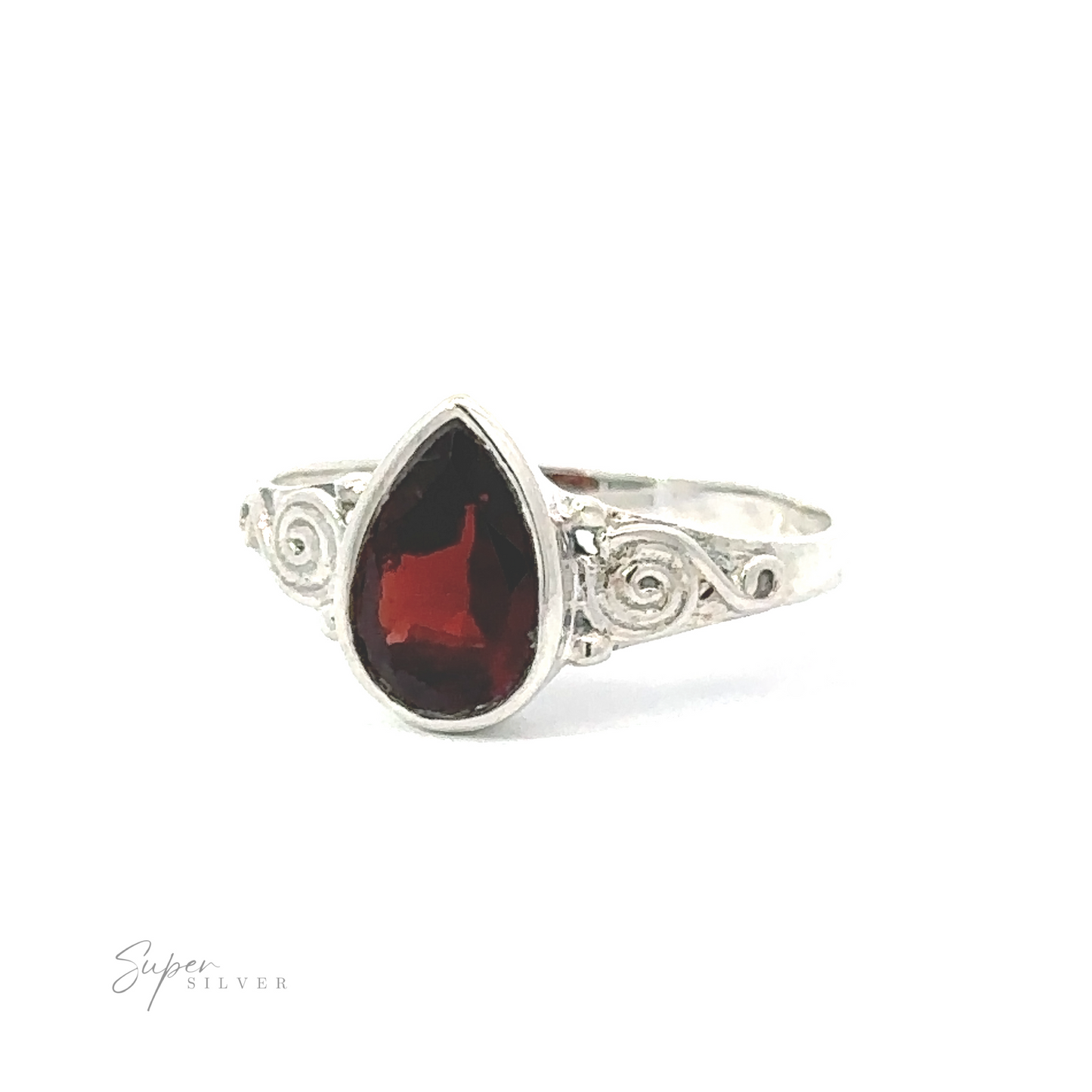
                  
                    Teardrop Gemstone Ring With Swirls crafted from .925 Sterling Silver with an intricate filigree design and a red teardrop-shaped gemstone, isolated on a white background.
                  
                