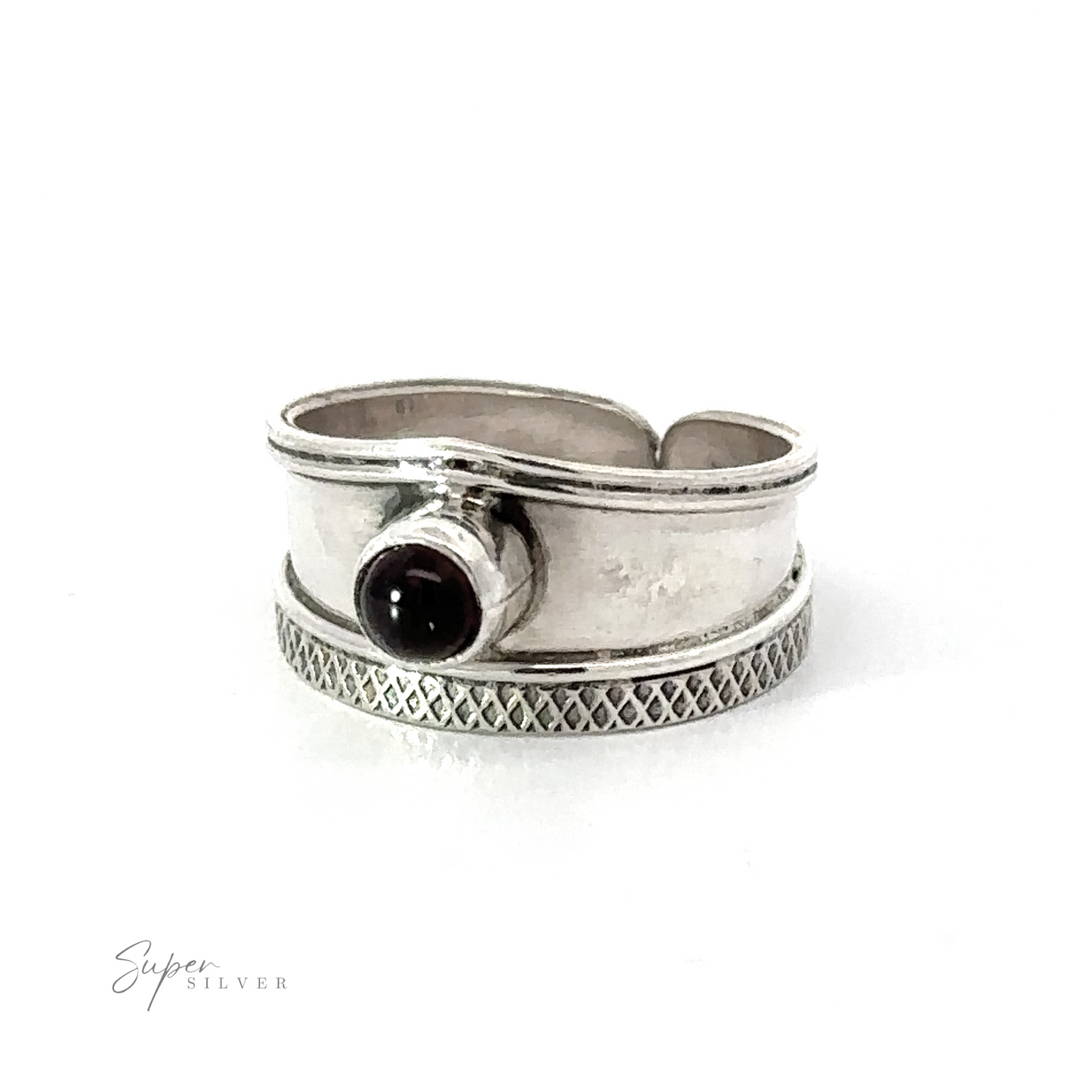 
                  
                    Adjustable Wide Cigar Band Toe Ring with Gemstone toe ring with a textured band and a single dark gemstone on a white background.
                  
                
