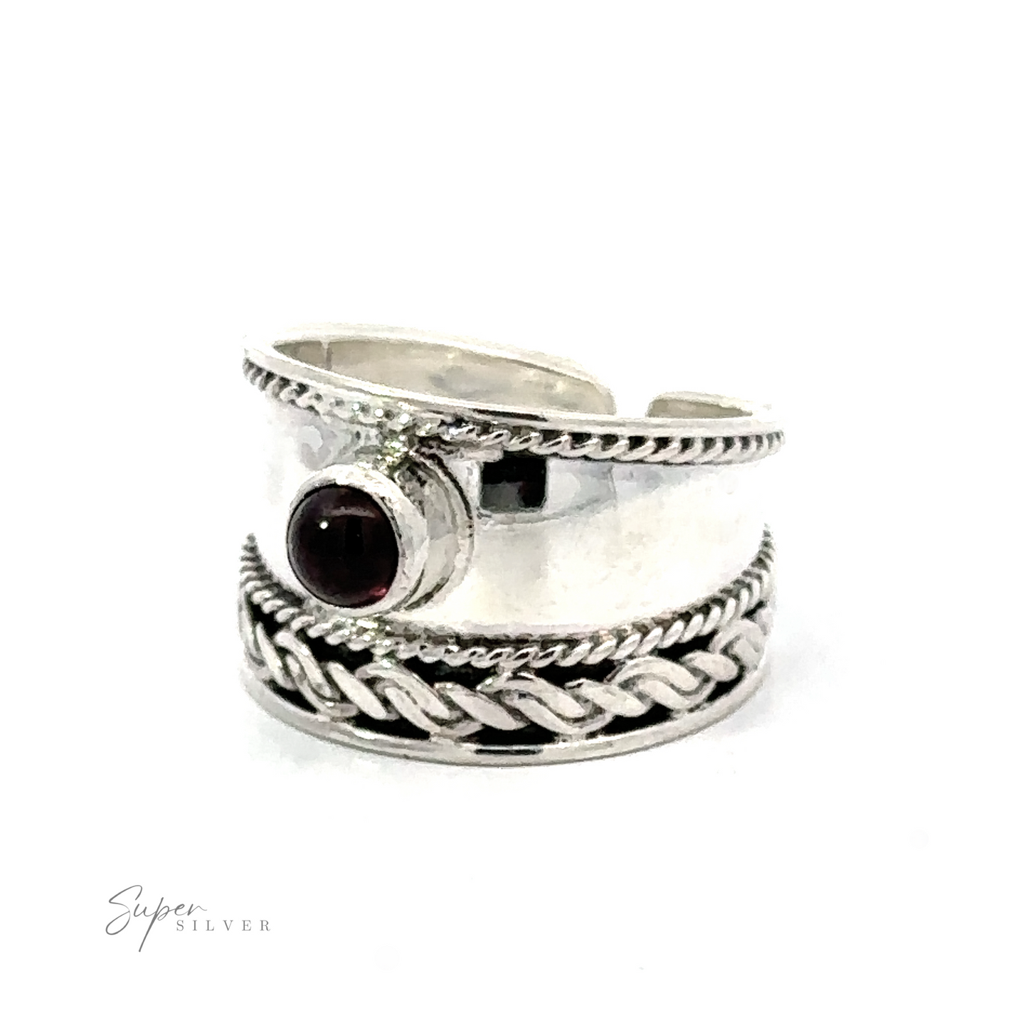 
                  
                    Adjustable Wide Cigar Band Toe Ring with Gemstone featuring a twisted rope design and a small dark red gem, displayed against a white background.
                  
                