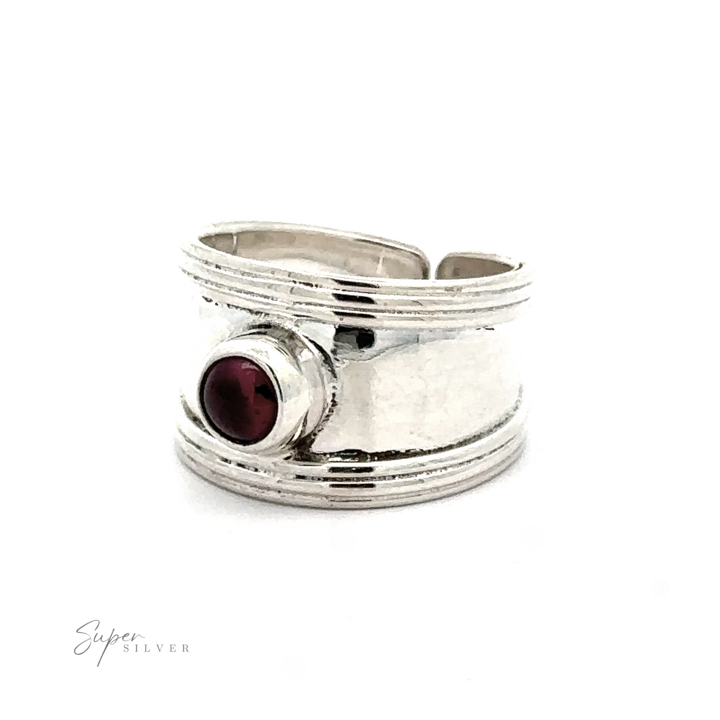 
                  
                    Adjustable Wide Cigar Band Toe Ring with Gemstone with multiple bands and a single dark red gemstone, displayed on a white background.
                  
                
