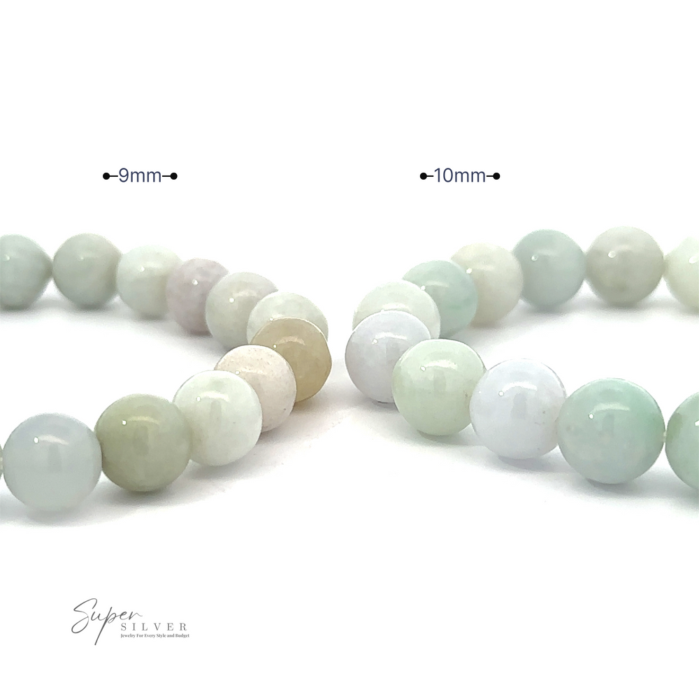 Two bracelets of milky, pastel-colored beads, strung on stretchable nylon string, are displayed with their respective bead sizes labeled as 9mm and 10mm. The high-quality beads appear to be smooth and polished. Text on the image reads "Elegant Jade Beaded Bracelet.