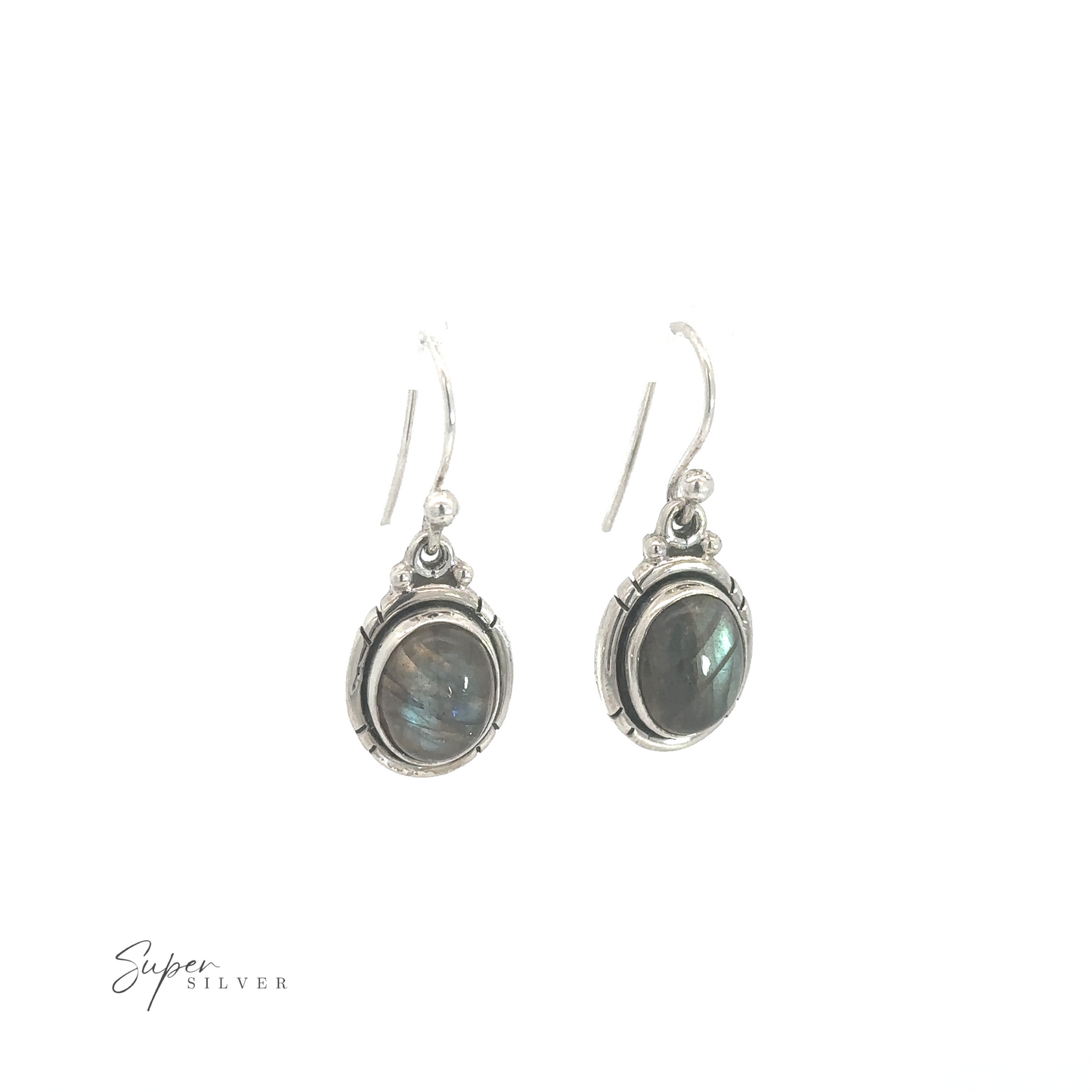 
                  
                    A pair of silver earrings with oval labradorite and amethyst gemstones on a white background.
                  
                