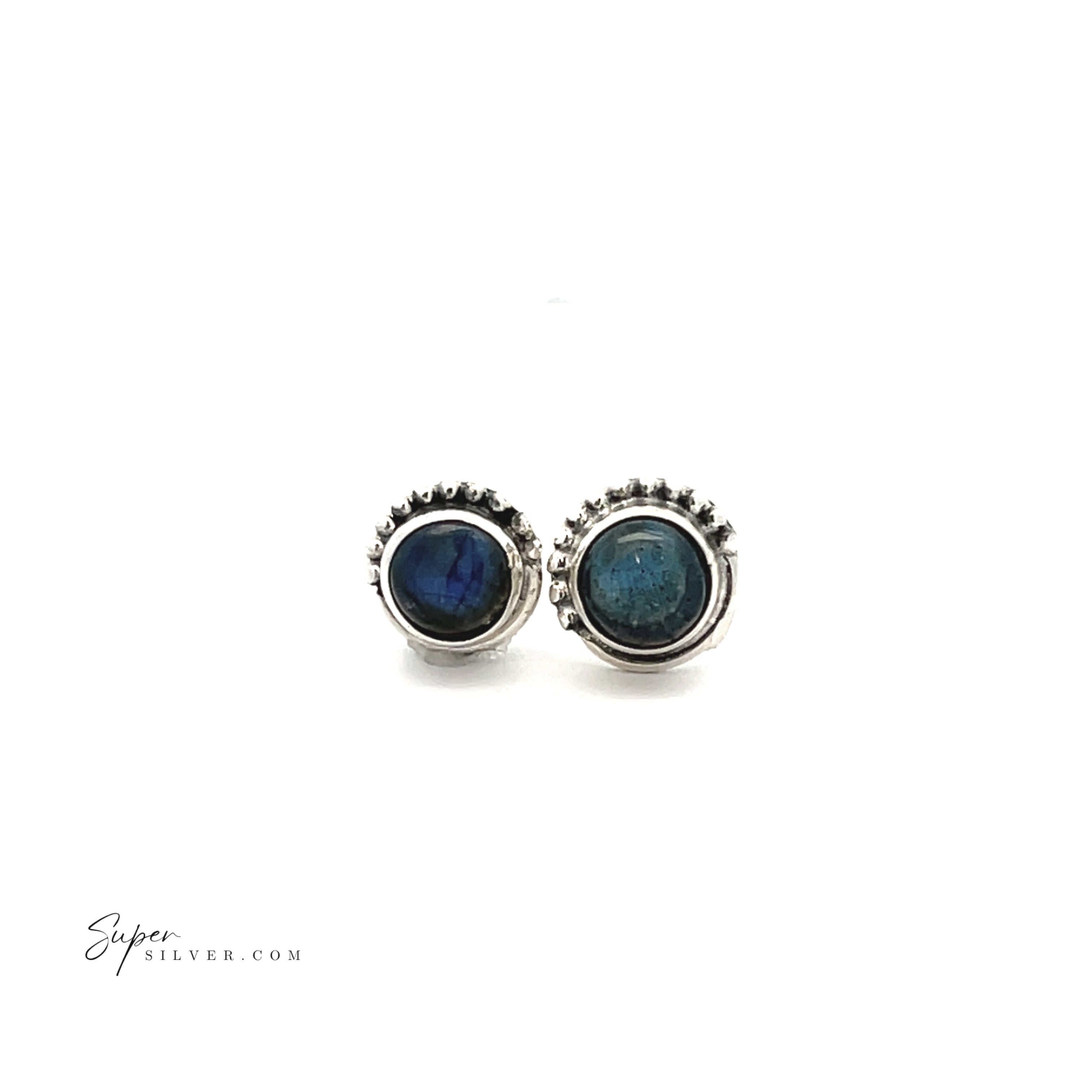 5mm Gemstone Studs with a half bead design feature round sterling silver settings and blue stones, shown on a white background.