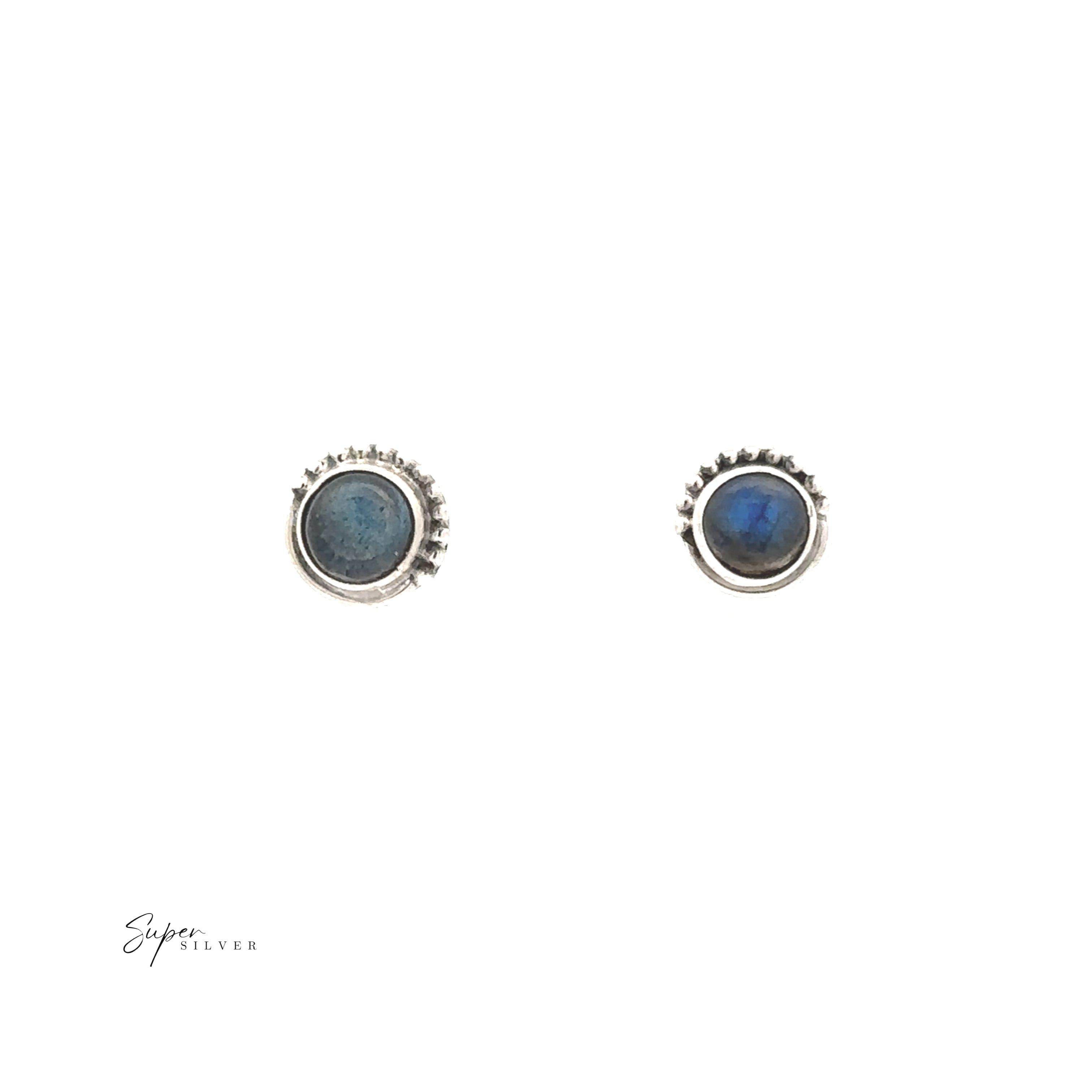 A pair of 5mm Gemstone Studs With Half Bead Design, featuring round sterling silver and blue stone centers, sits against a white background. The "Super Silver" logo is displayed in the bottom left corner.