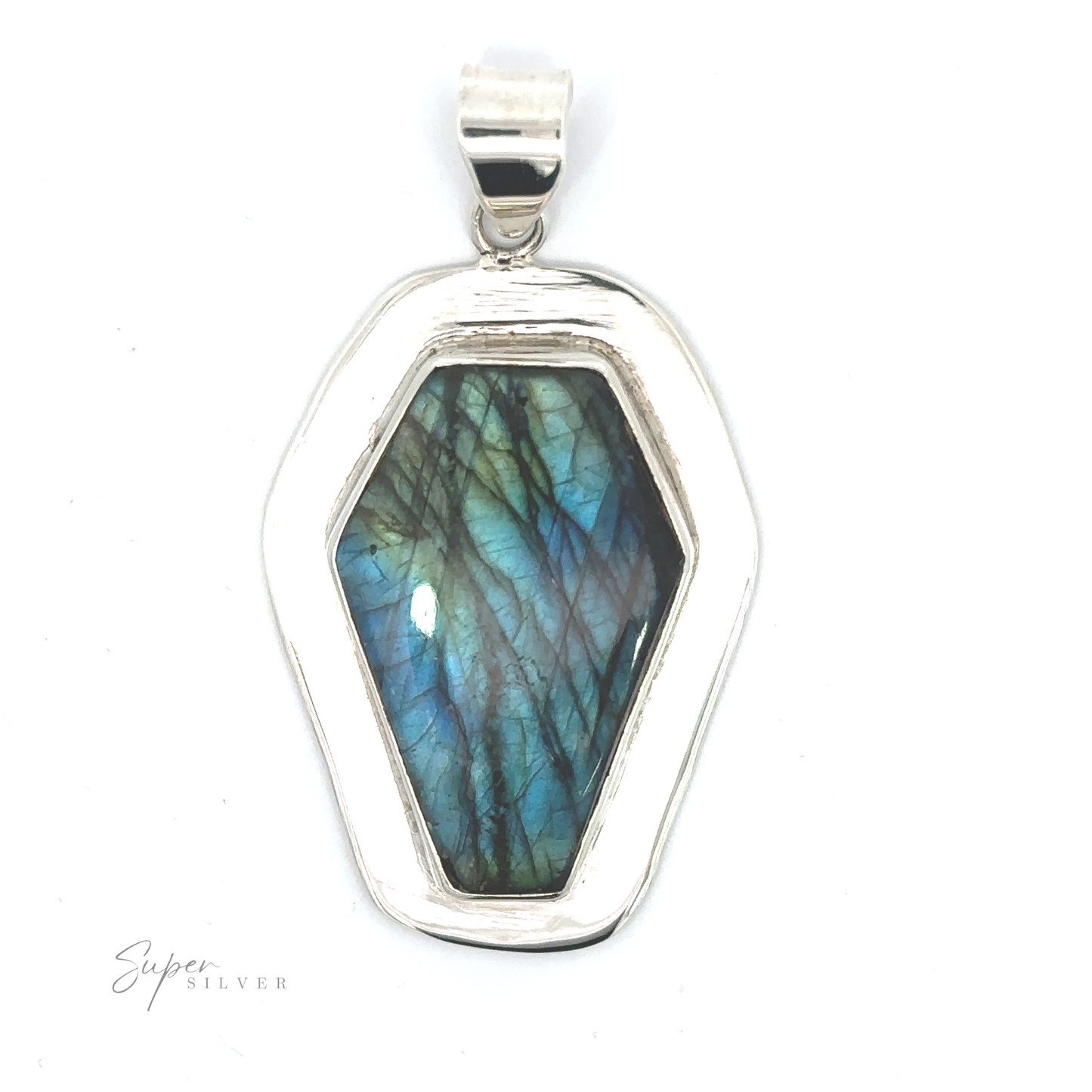 
                  
                    Labradorite Coffin Pendant with a mystique in sterling silver.
                  
                