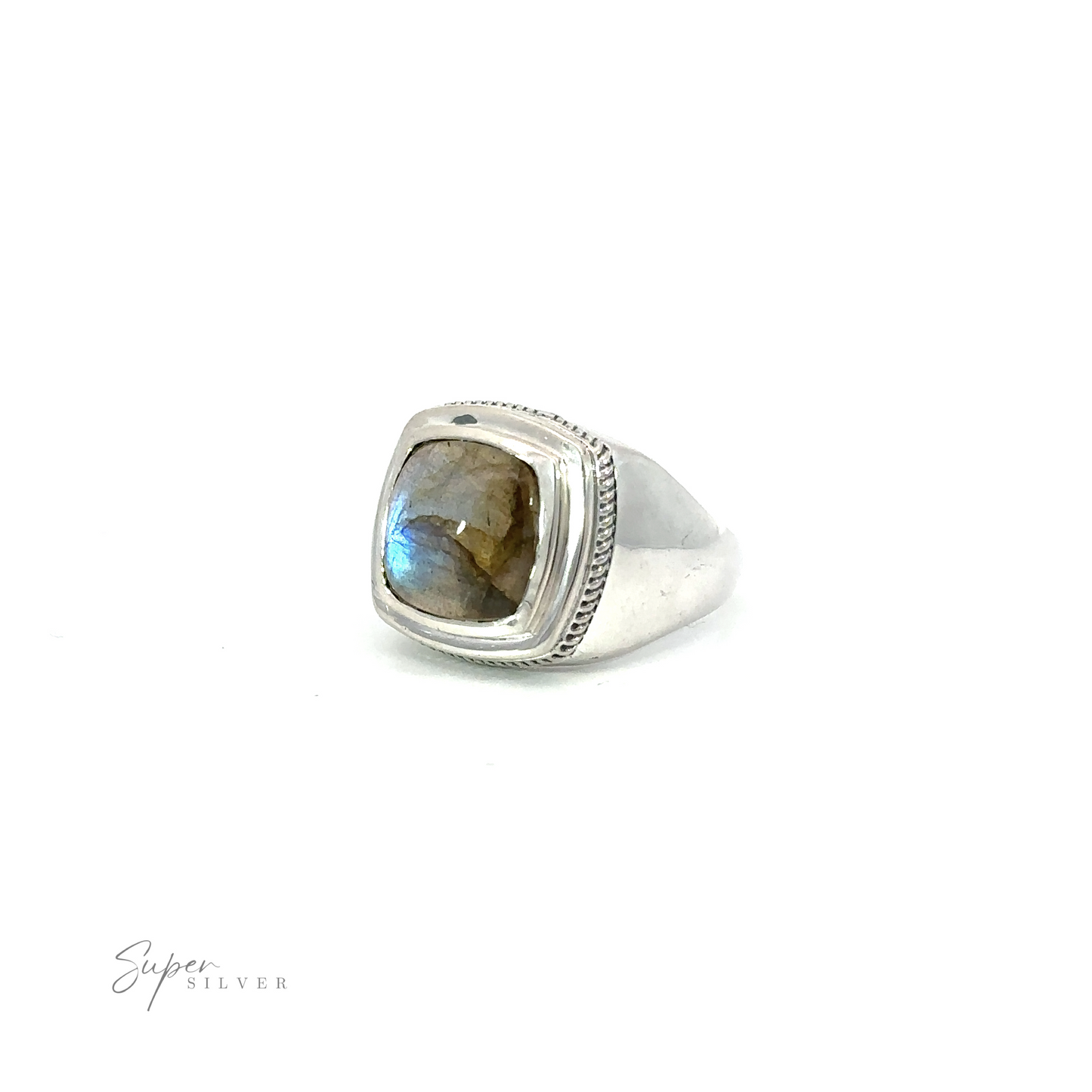 A modern silver Square Stone Signet Ring adorned with a stunning labradorite stone, perfect for adding a touch of elegance to any attire.