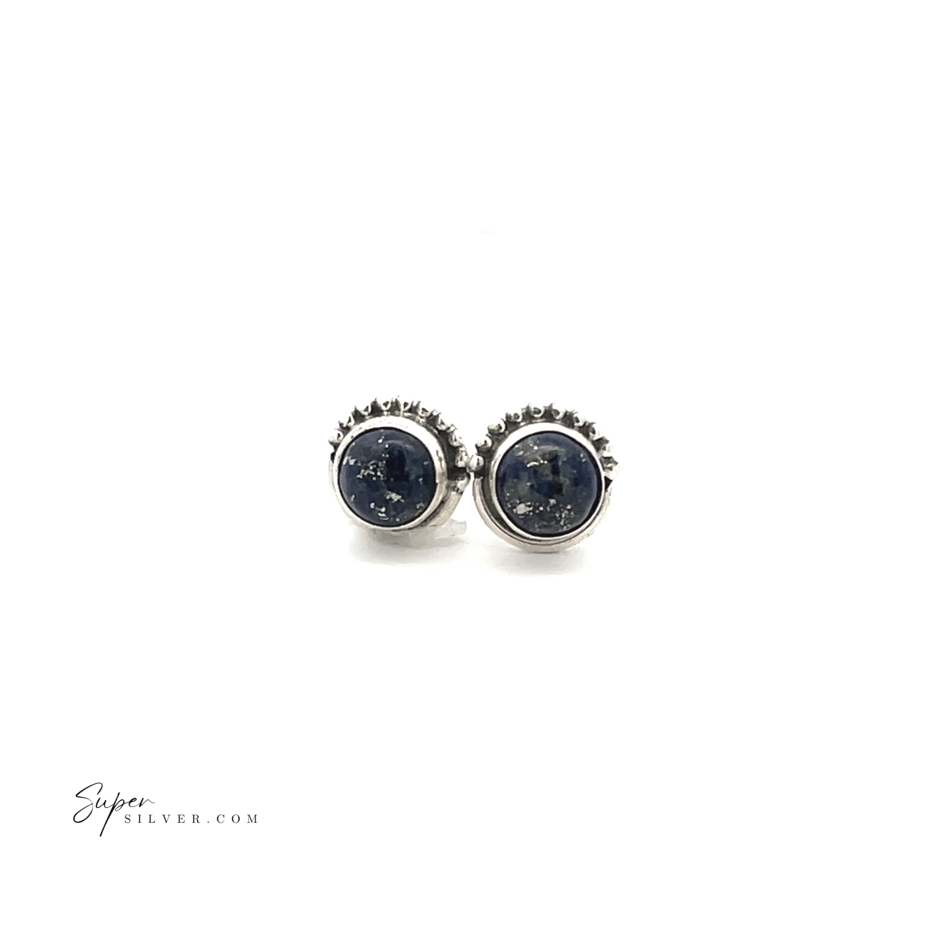 5mm Gemstone Studs With Half Bead Design in sterling silver feature round dark blue stones set in decorative bezels. Displayed on a white background with the Supersilver.com logo at the bottom left corner.