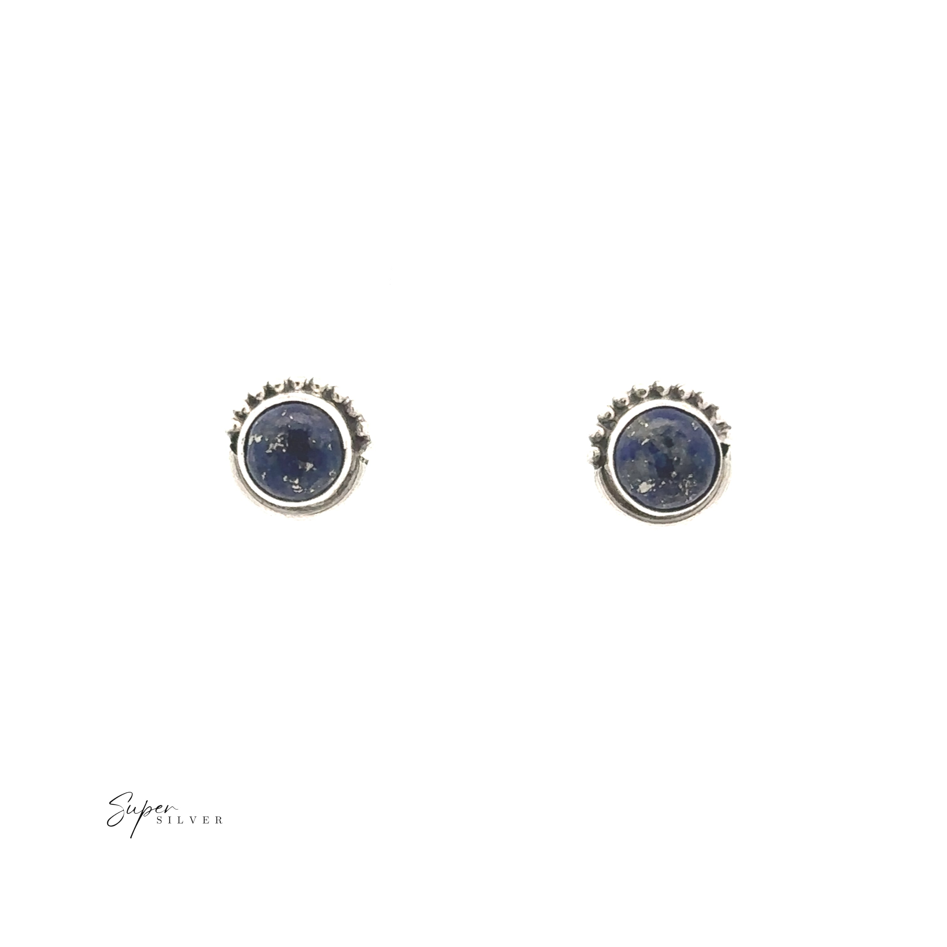 A pair of 5mm Gemstone Studs With Half Bead Design, crafted in sterling silver with deep blue bezel-set stones, displayed on a white background—elegant stud earrings for a refined look.
