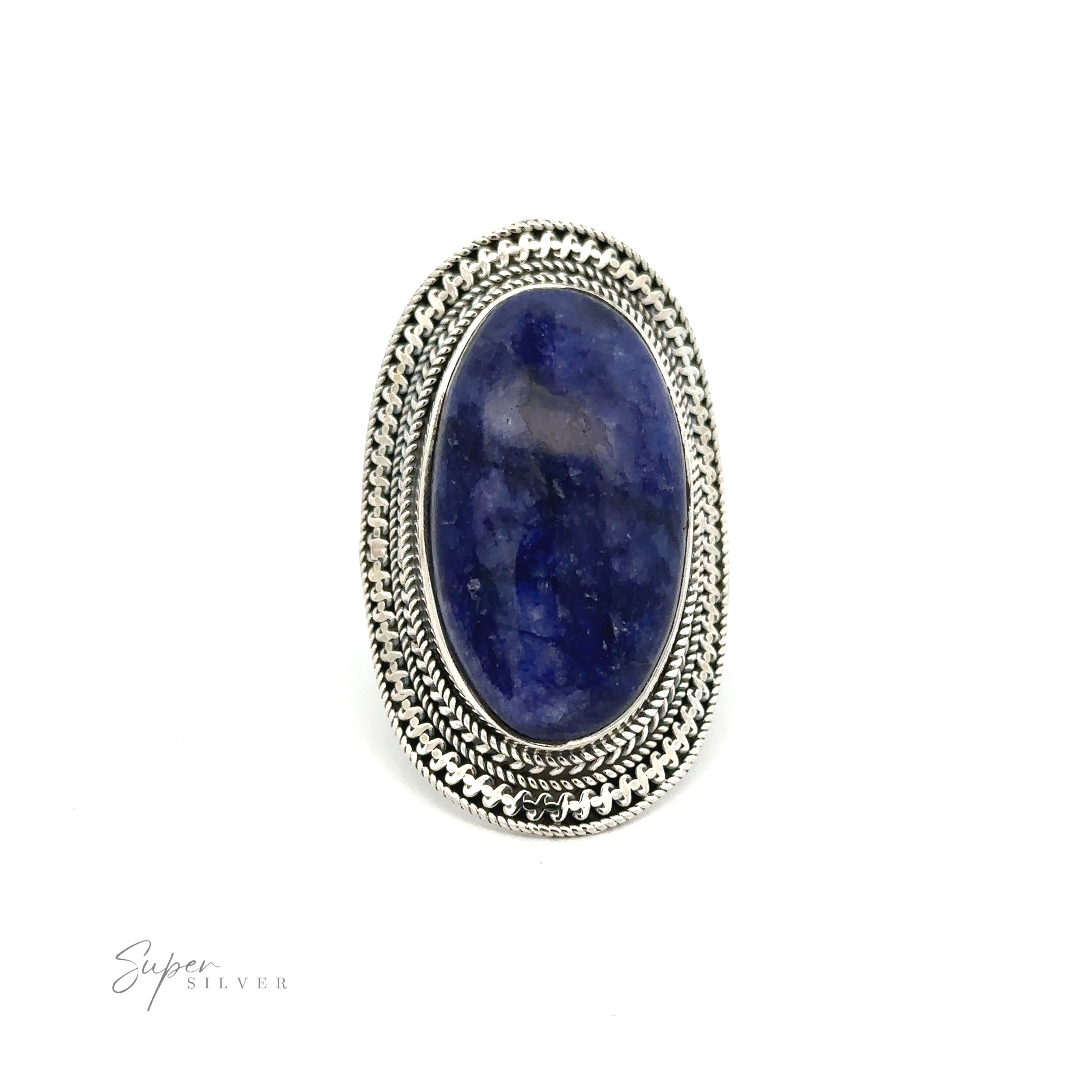 A Large Oval Shield Gemstone Ring featuring an oval-shaped dark blue stone, framed by a detailed, textured silver border. The brand name "Super Silver" is visible in the bottom left corner, adding a subtle bohemian flair.