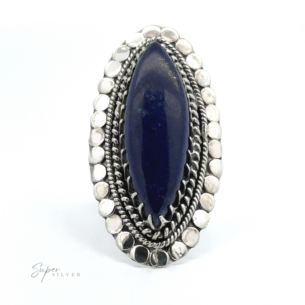
                  
                    Oval blue stone set in a silver ring with braided and beaded details, displayed on a white background. This Statement Marquise Shaped Gemstone Ring features text in the image reading "Super Silver".
                  
                