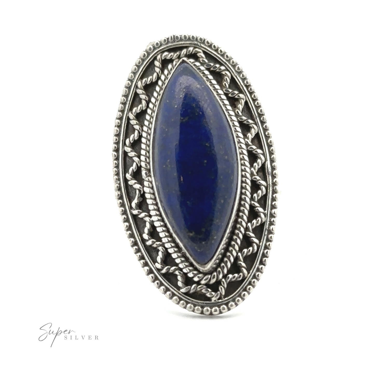 
                  
                    Oval-shaped sterling silver ring with intricate detailing, featuring a dark blue marquise-cut stone in the center. Branding text reads "Super Silver" in the lower left corner, giving this Marquise Shaped Gemstone Ring With Vintage Shield Border a Bohemian twist.
                  
                