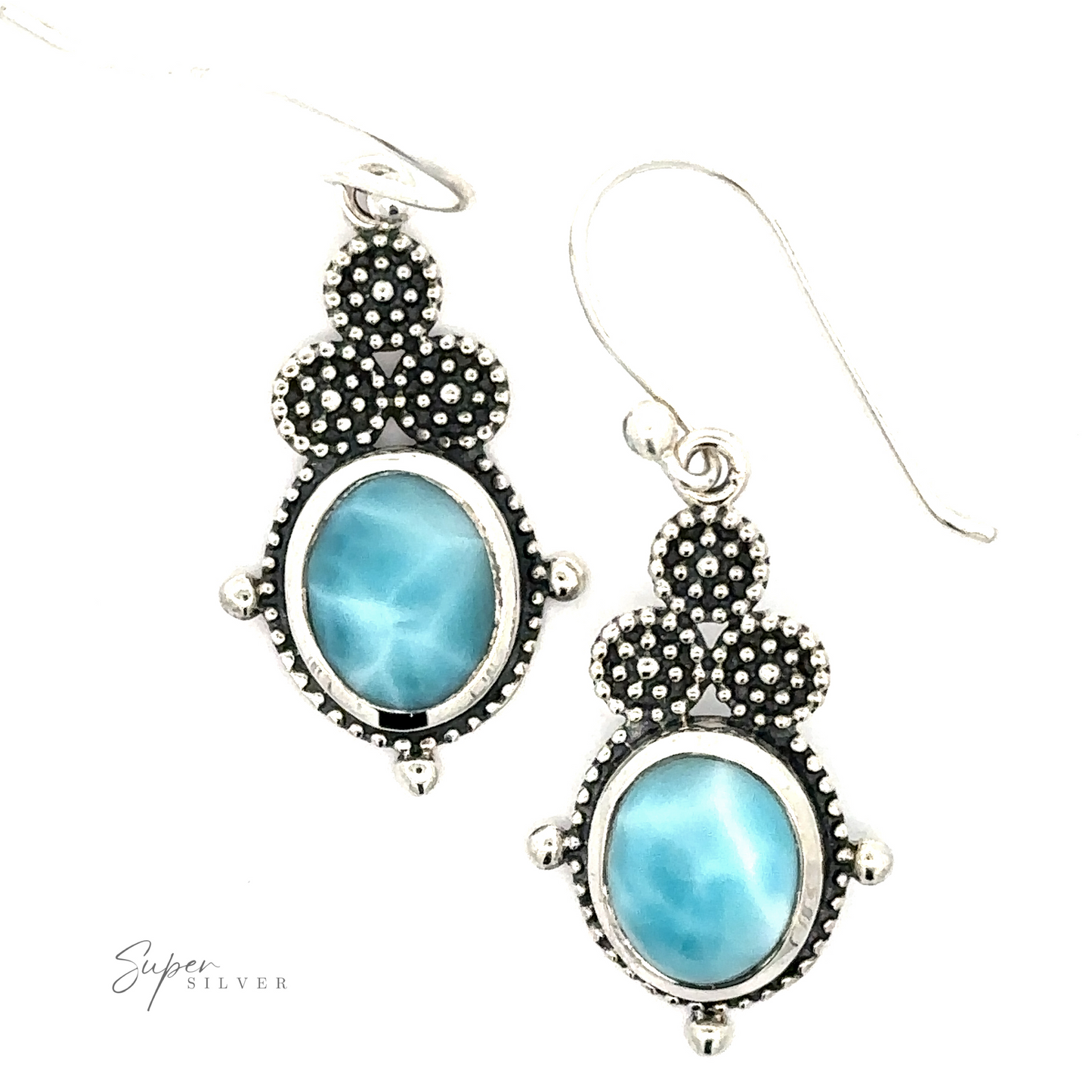 
                  
                    A pair of Beaded Oval Larimar Dangle Earrings with intricate detailing features oval Larimar stones. The elegant design includes hooks for wearing.
                  
                