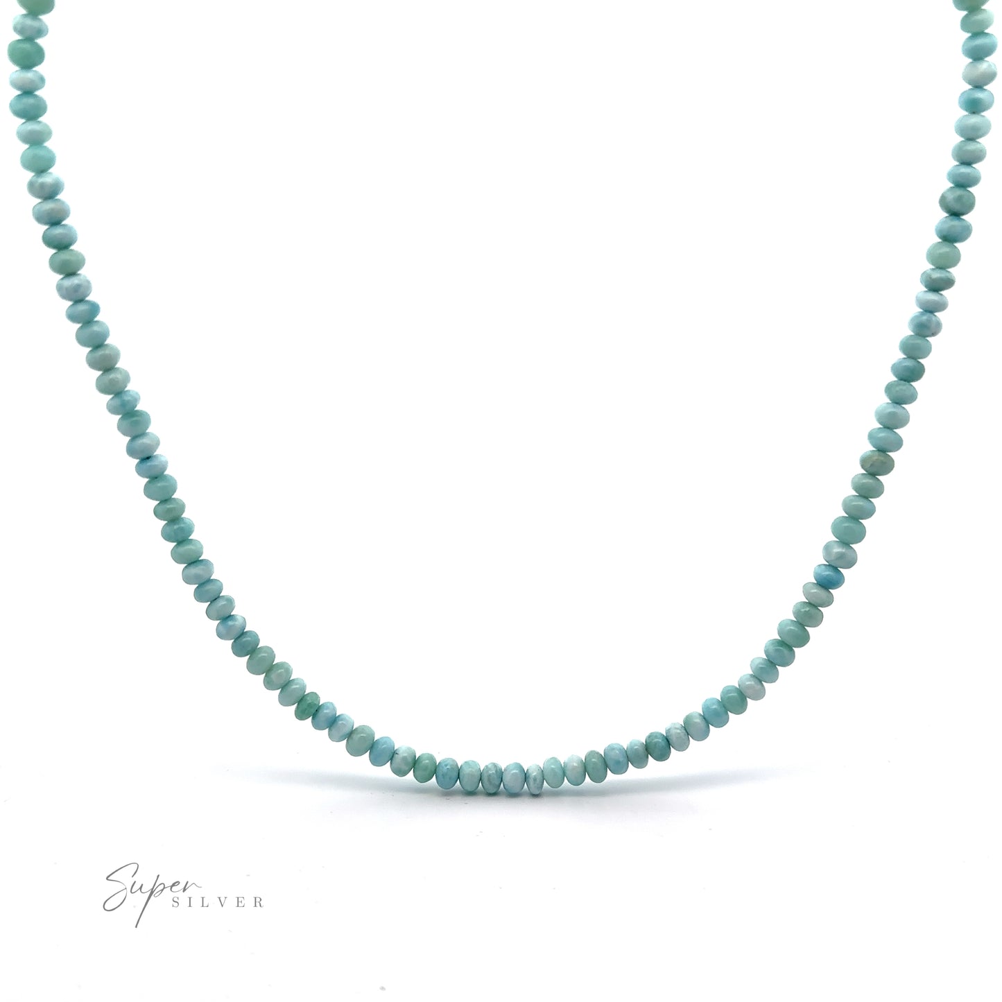 
                  
                    A turquoise beaded necklace with small, evenly-sized beads arranged in a single strand, displayed against a plain white background. The words "Super Silver" are written in the lower left corner, highlighting this exquisite Larimar Beaded Necklace.

                  
                