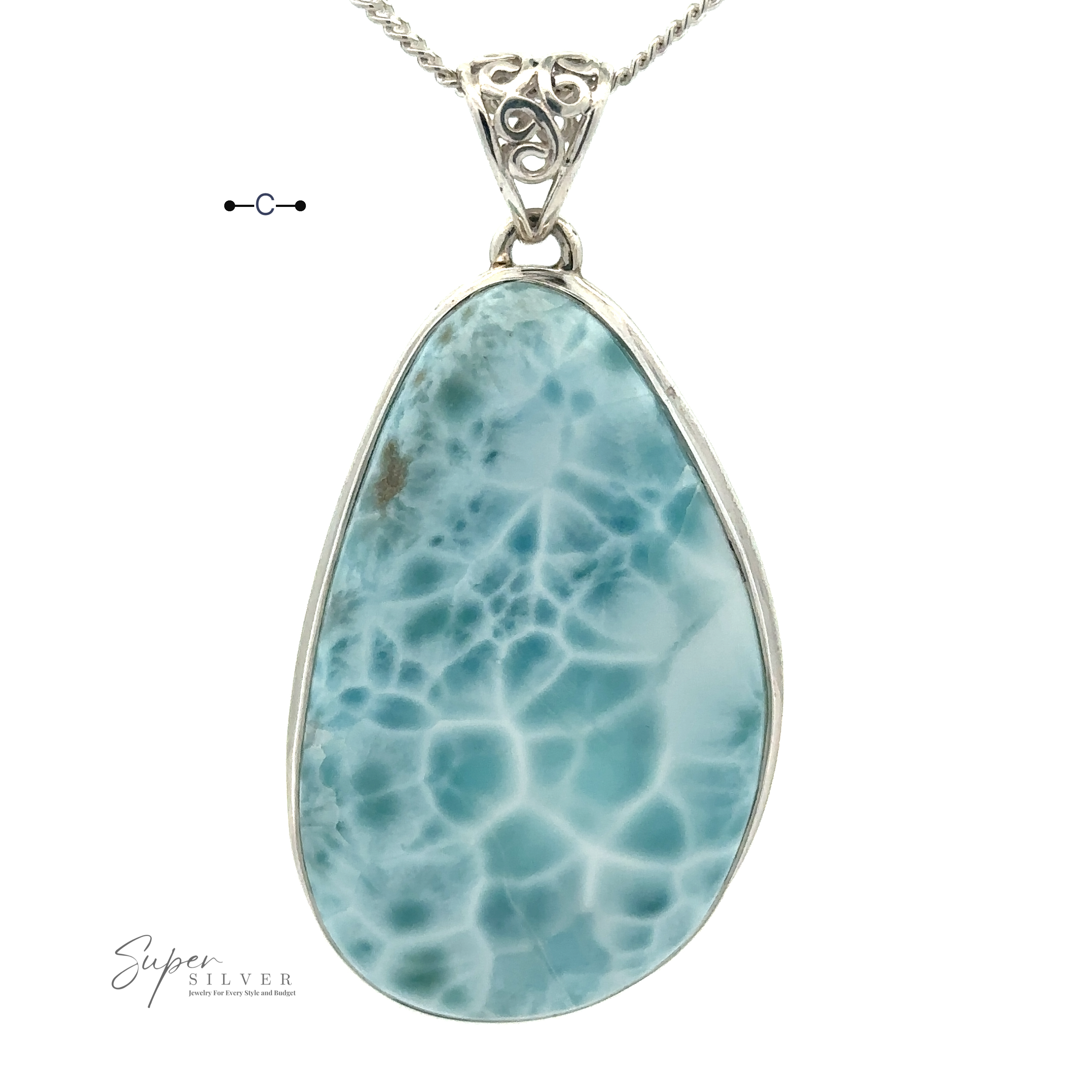 A Freeform Large Larimar Pendant with a white pattern, encased in a sterling silver frame and hanging on a silver chain, set against a white background. Text on the bottom left reads "Super Silver.