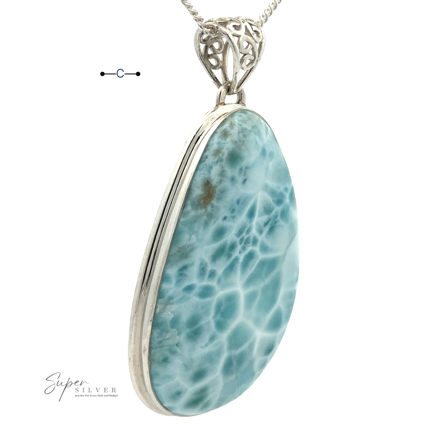 
                  
                    A Freeform Large Larimar Pendant encased in sterling silver hangs from an ornate silver chain. The stone features a striking pattern of light blue and white veins. "Super Silver" is inscribed at the bottom left.
                  
                